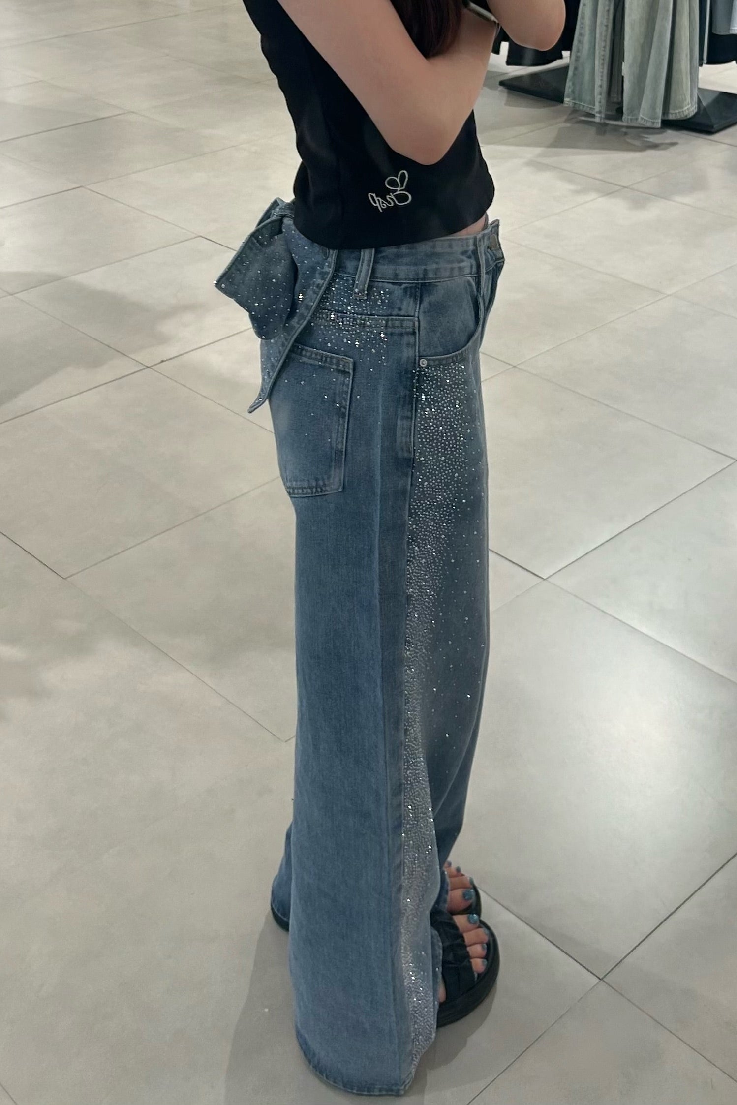 ラインストーンバックリボンワイドデニムパンツ KR15696
