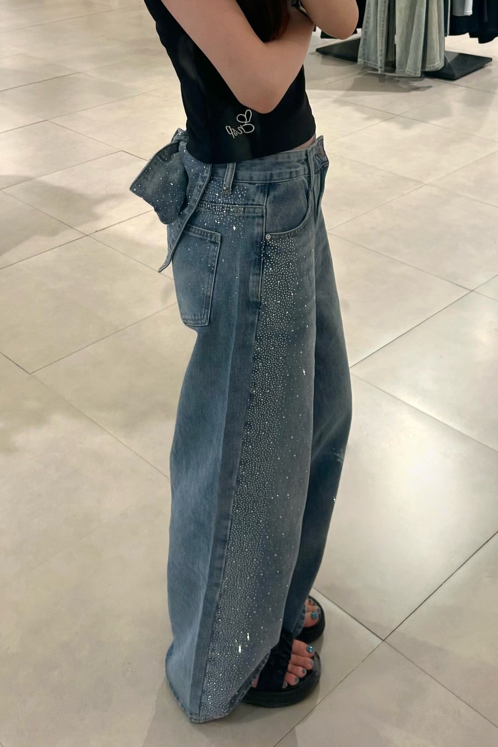 ラインストーンバックリボンワイドデニムパンツ KR15696
