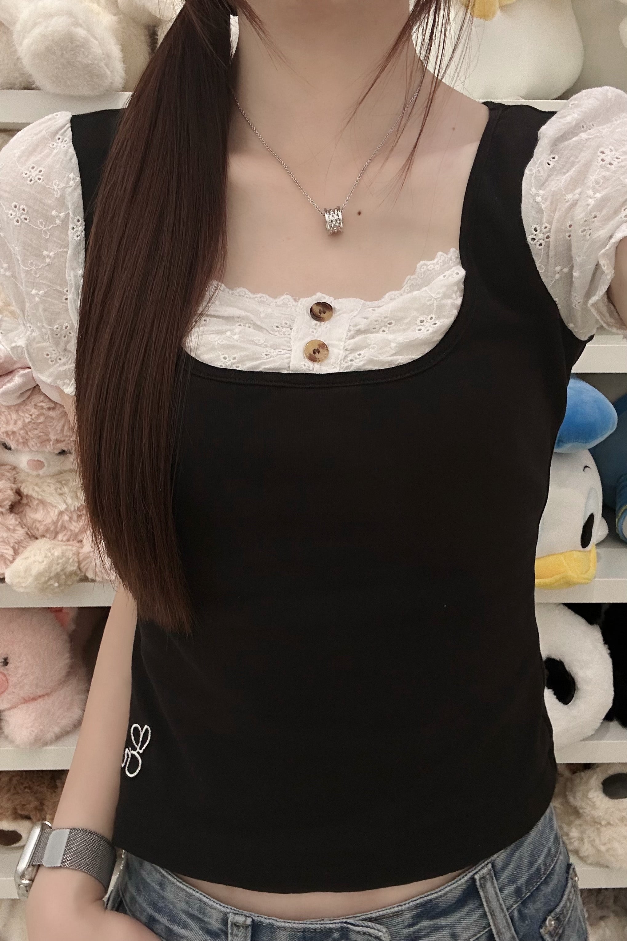 フェイクレイヤードパフスリーブレーストップス KR15258