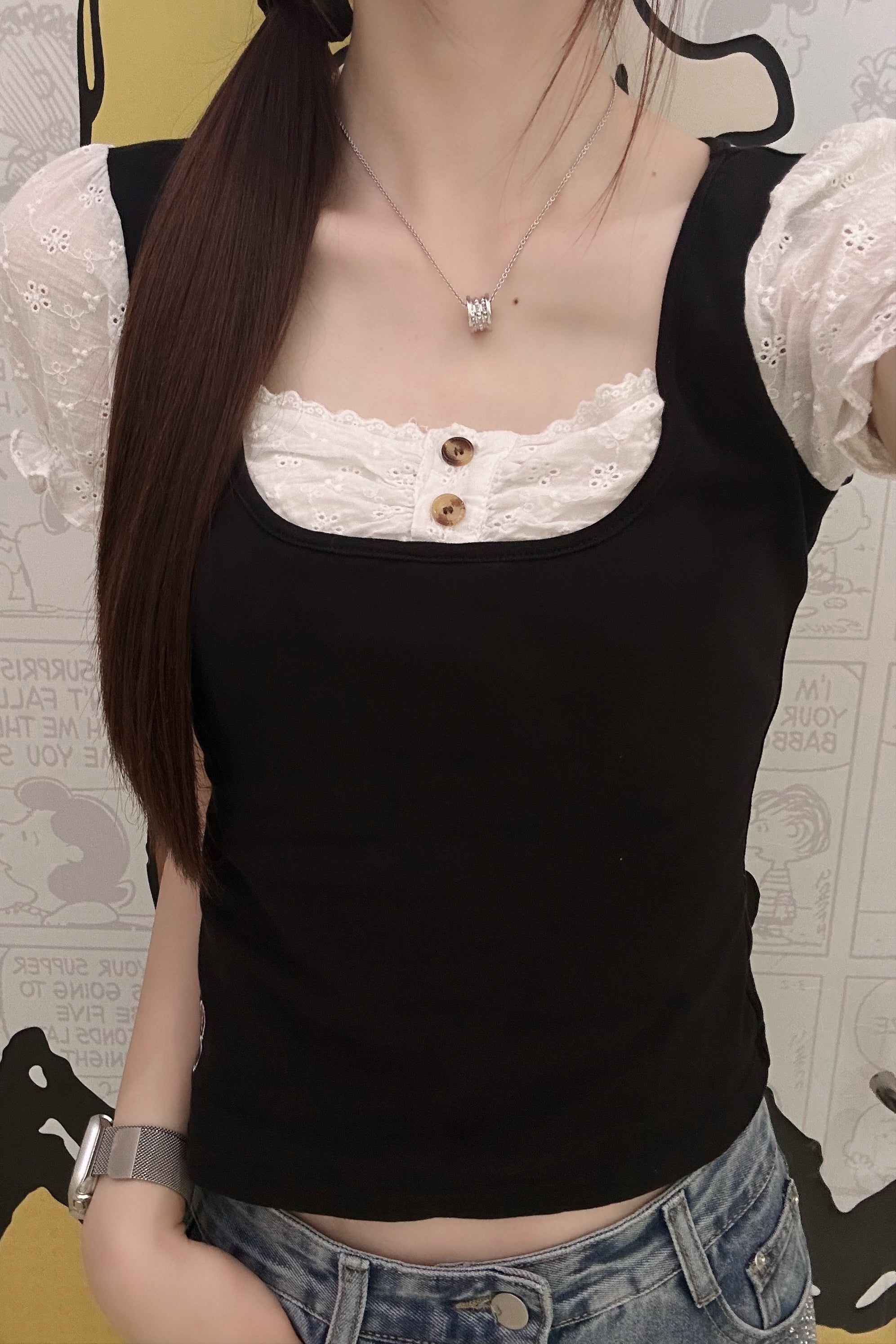 フェイクレイヤードパフスリーブレーストップス KR15258
