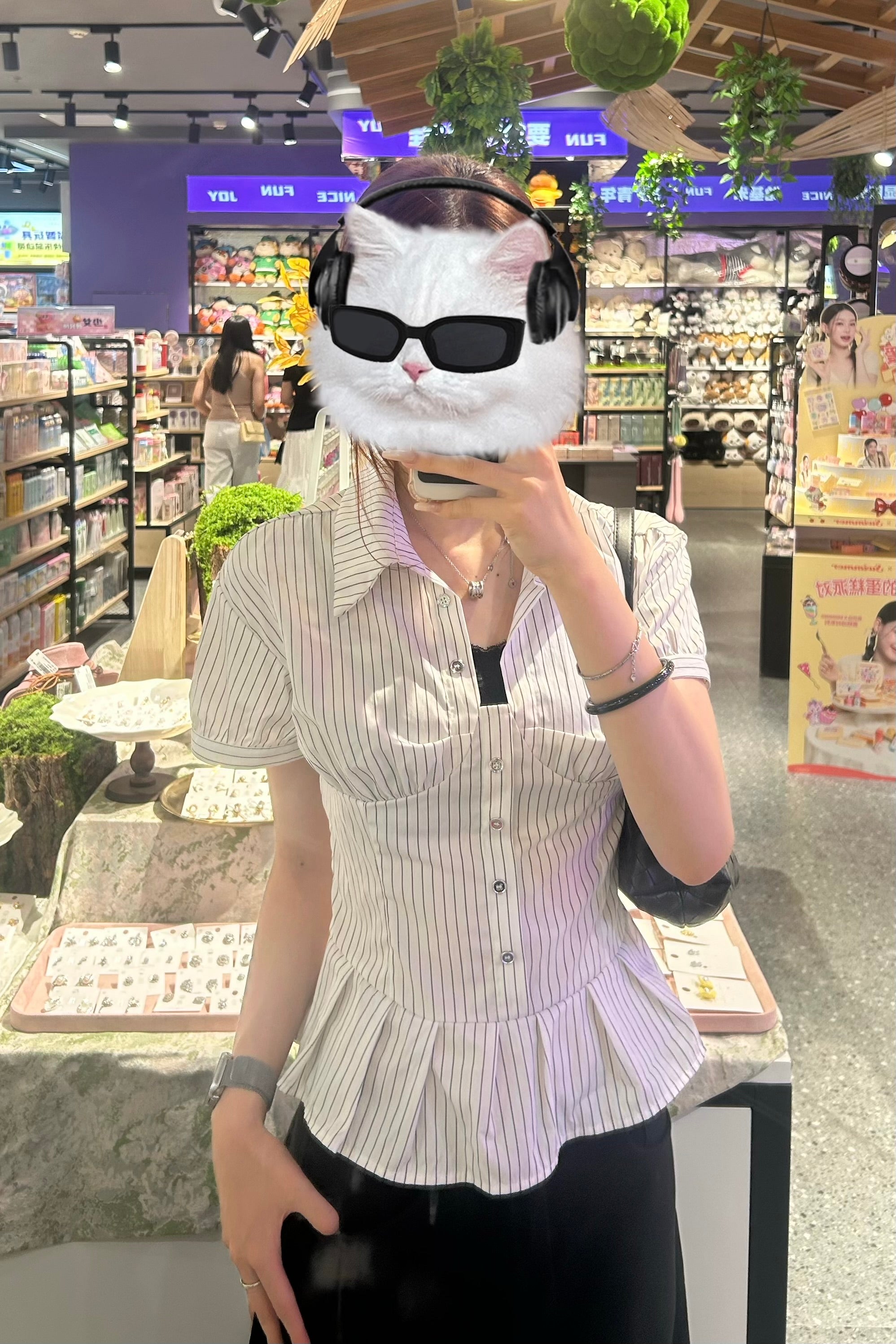 ストライプフロントボタンペプラムブラウス KR14735