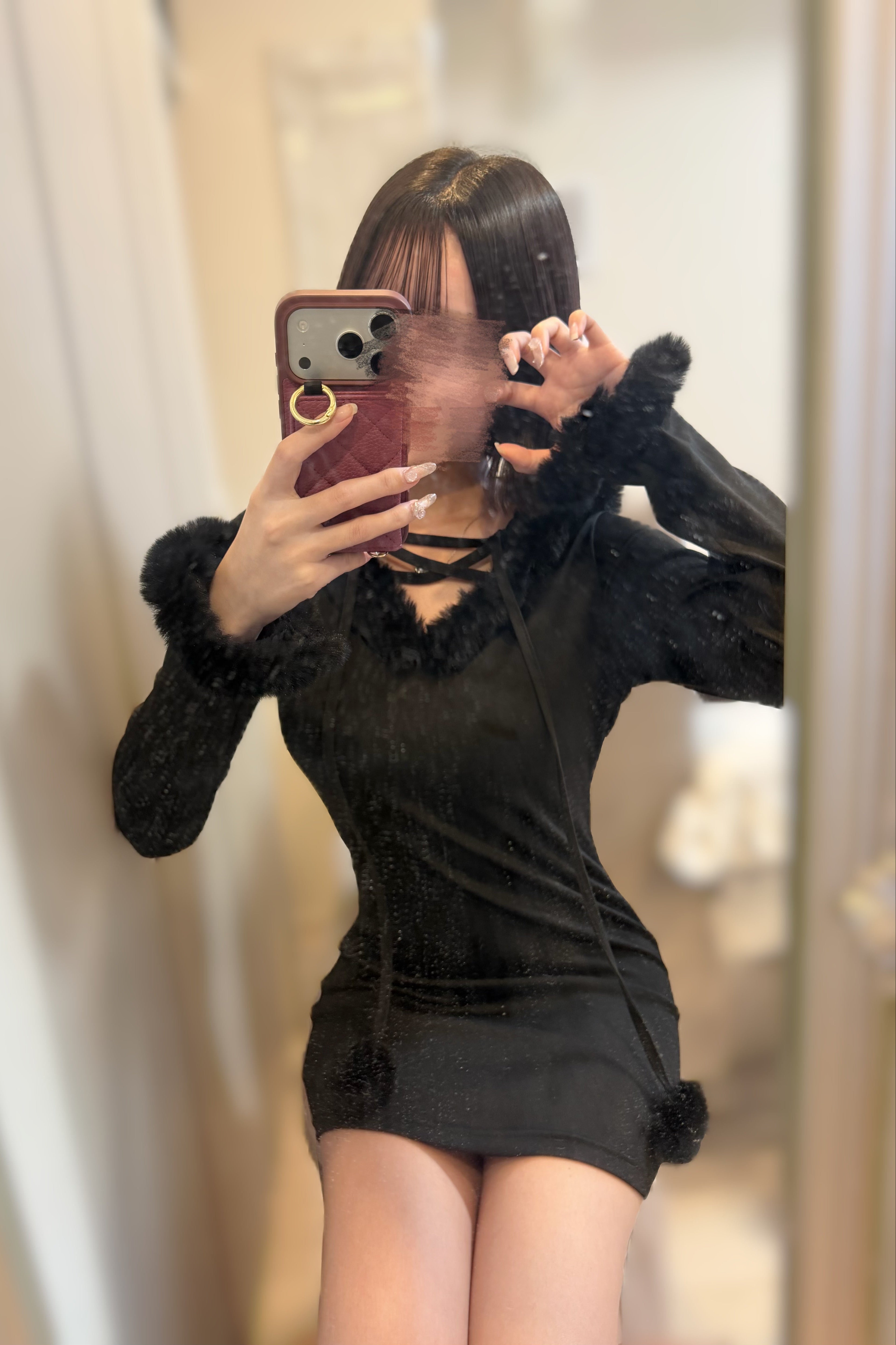 ファーフーディタイトワンピース KR12677