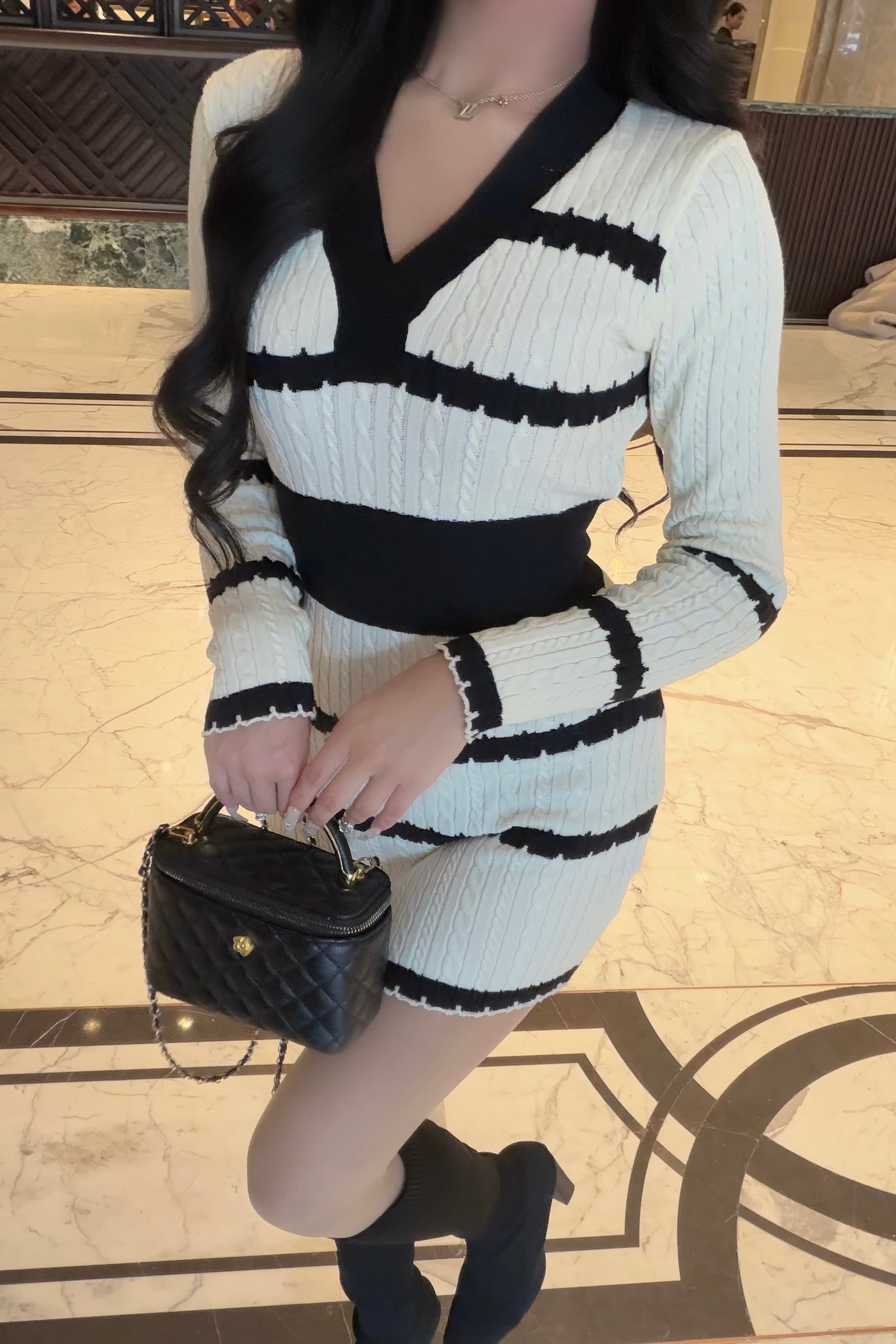 ボーダーリブカラーニットワンピース KR14026