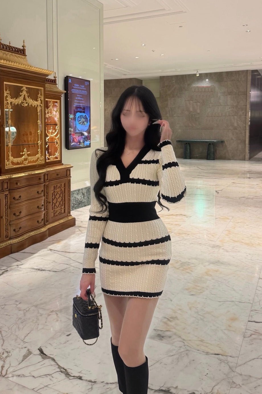 ボーダーリブカラーニットワンピース KR14026