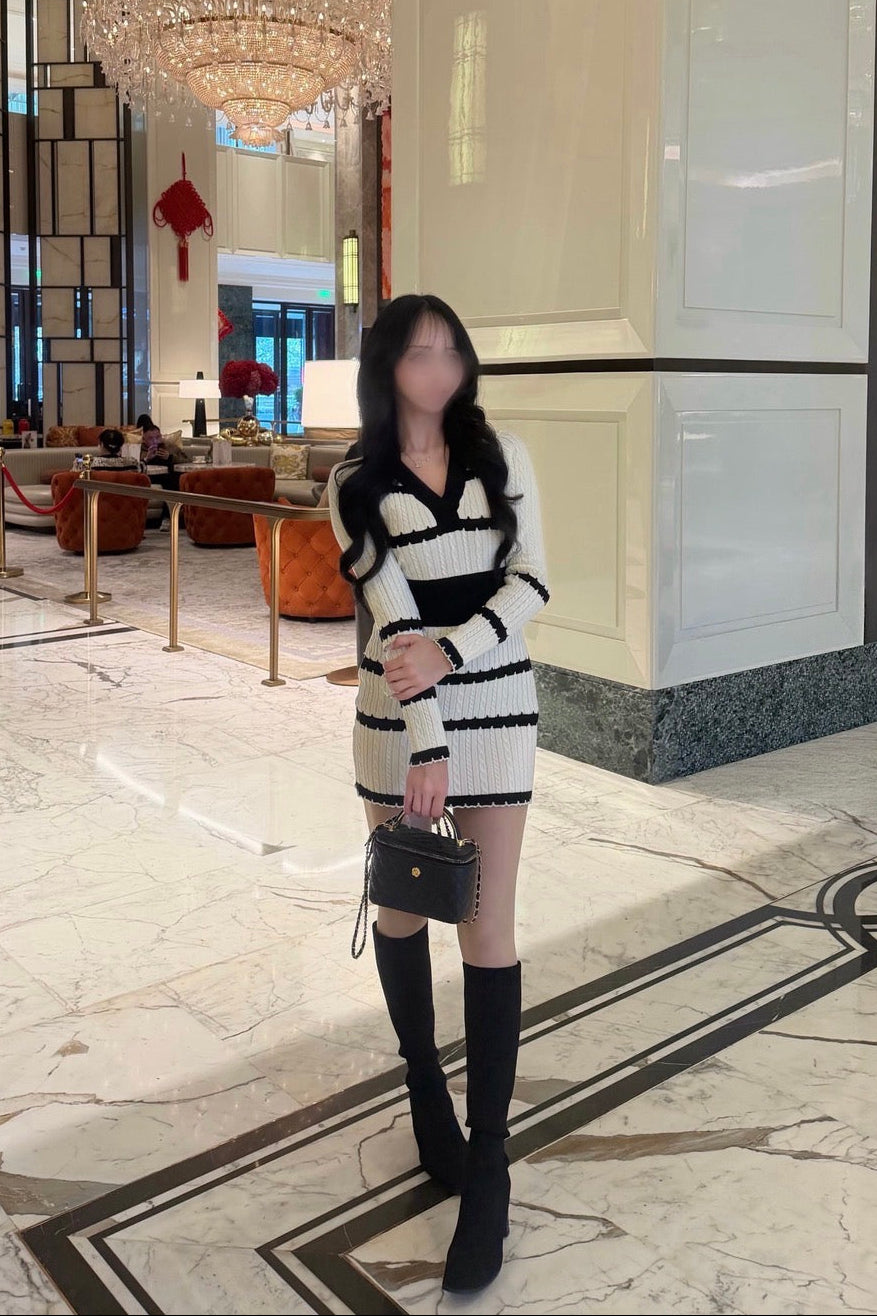 ボーダーリブカラーニットワンピース KR14026