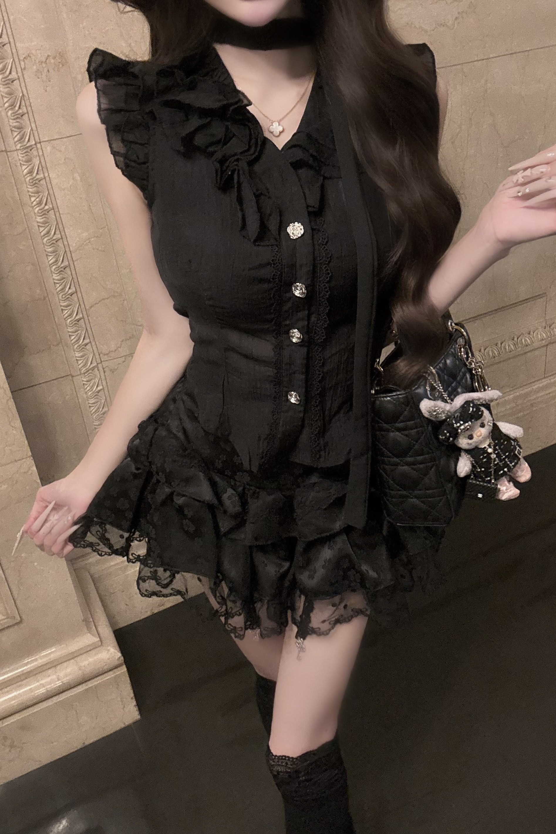 シアーフロントボタンフリルティアードセットアップ KR30544