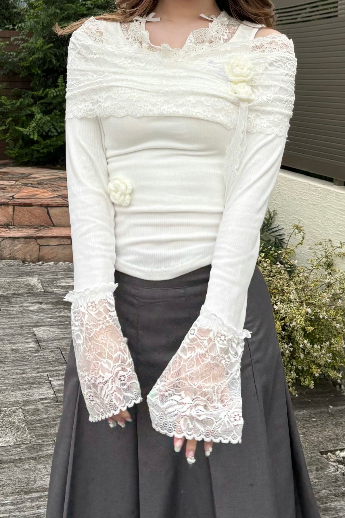 オフショルダーフラワーレースリブニット KR15887