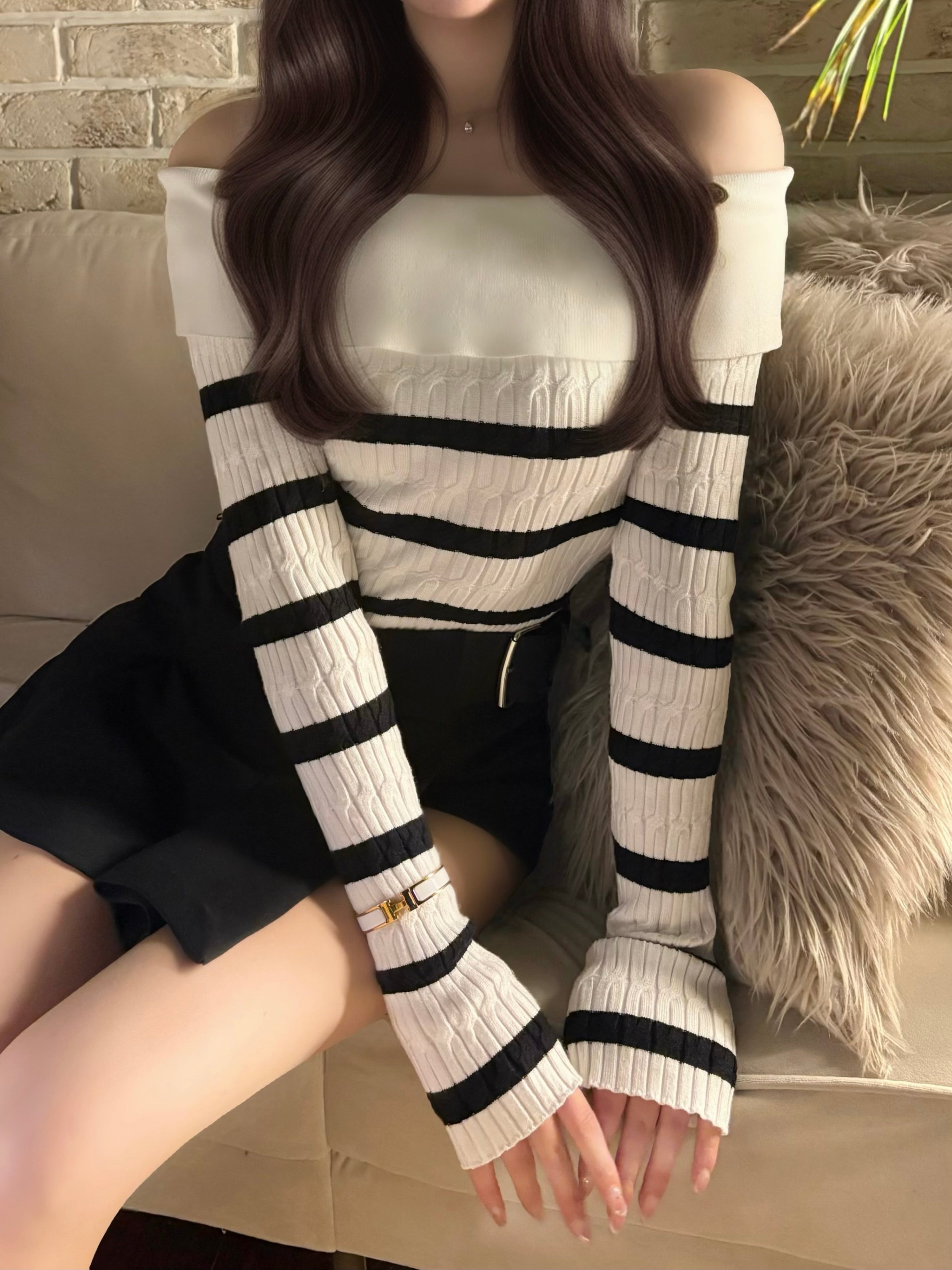 ボーダーミューオフショルトップス KR13456