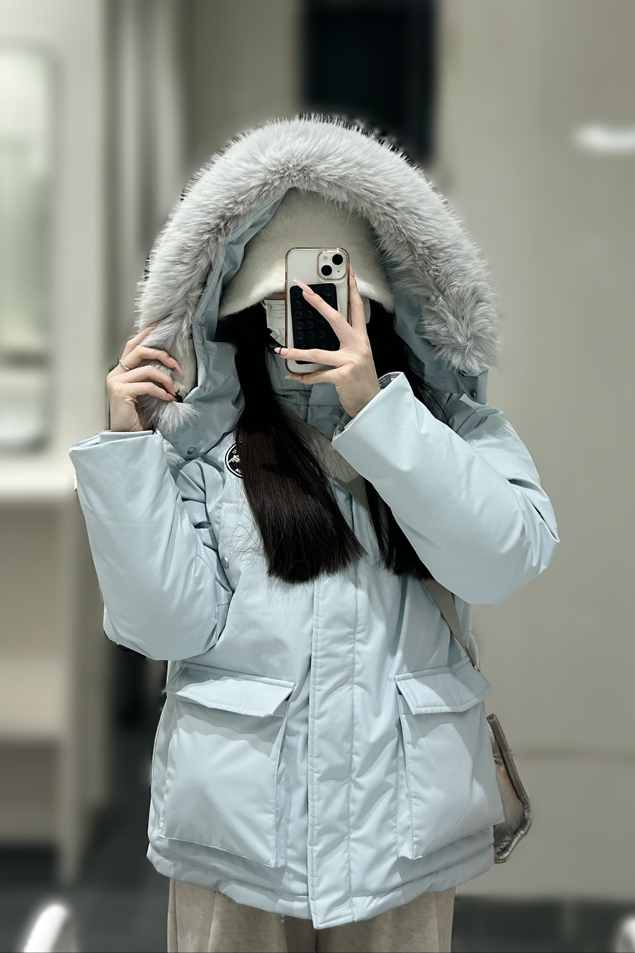 ファーフードハイネックミドルダウンジャケット KR30299