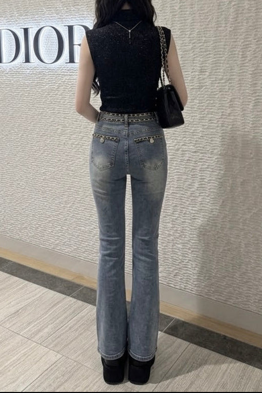 ハイウエストチェーントリムスリムフレアパンツ KR15591