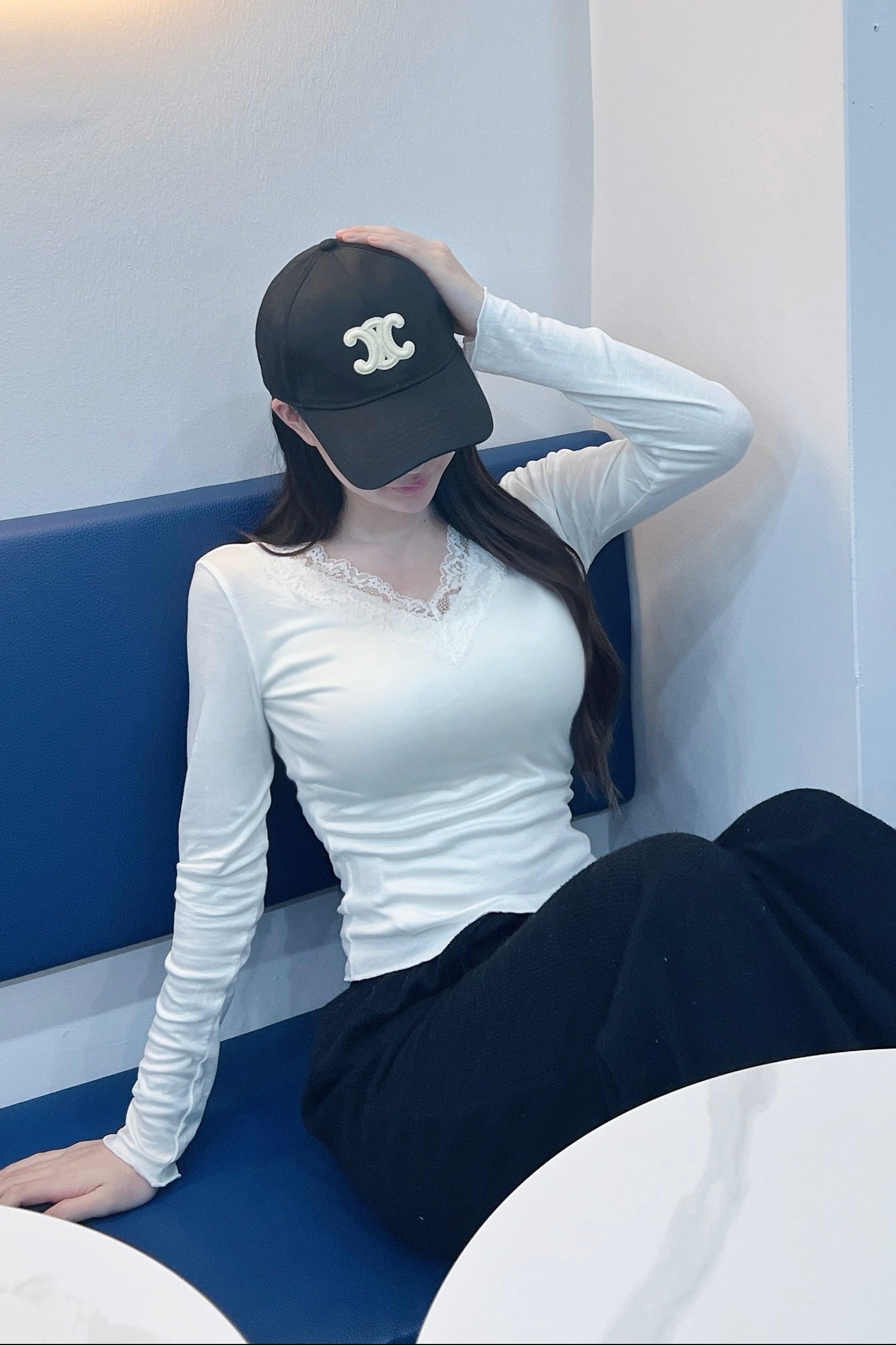 Vネックレースシンプルカットソー KR14404