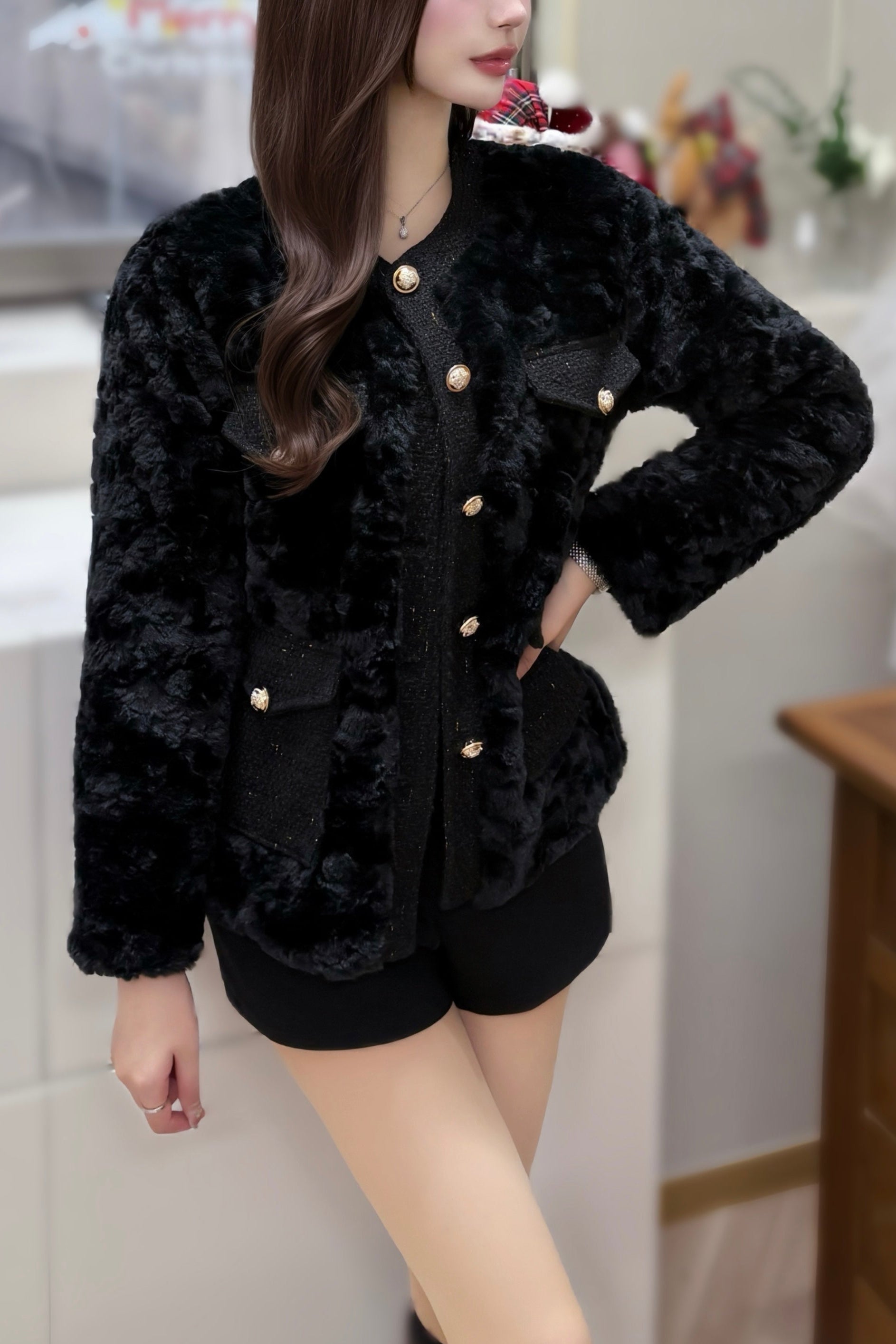 フロントボタンミドルファーコート KR30268