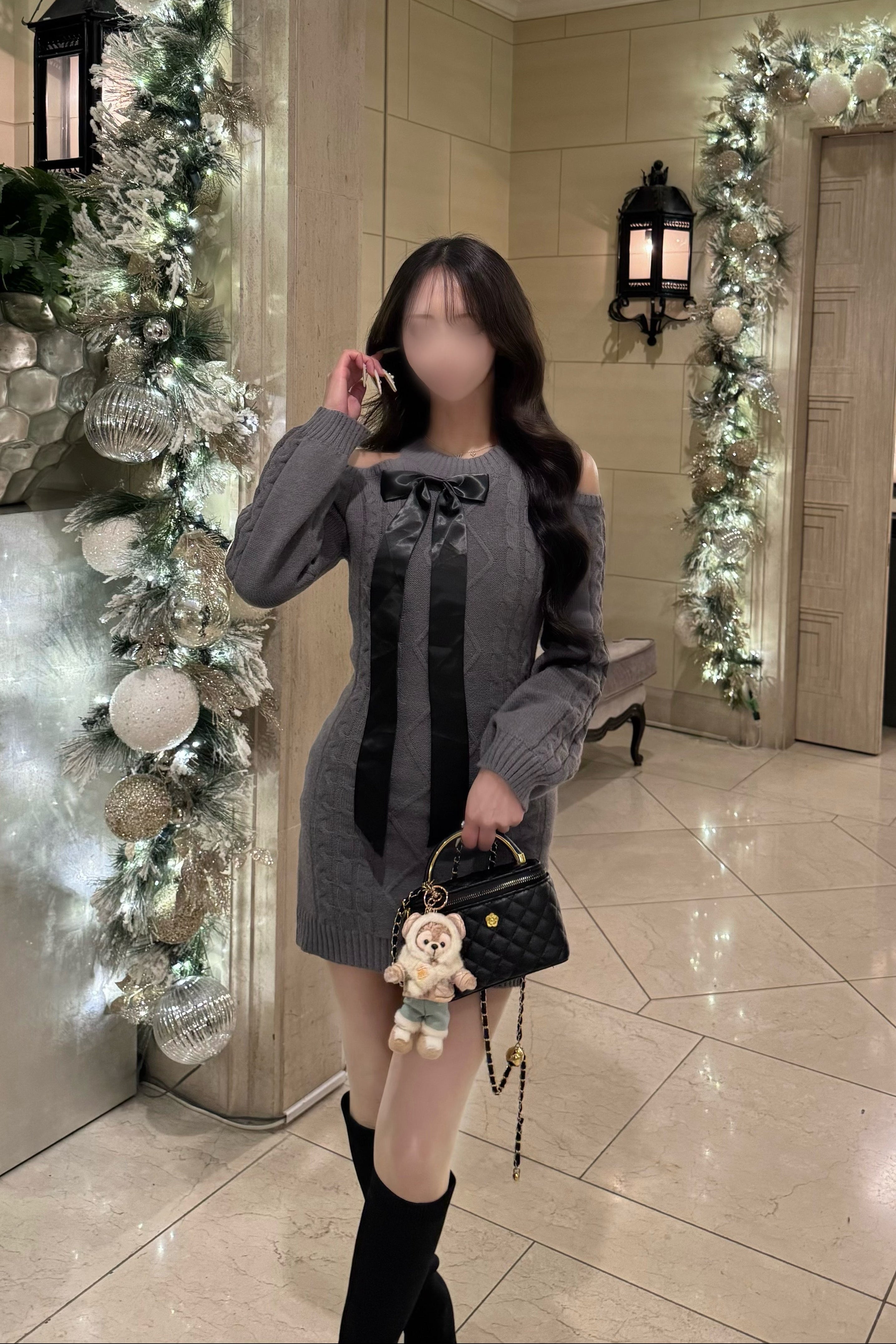 リボンオフショルニットワンピ KR13801