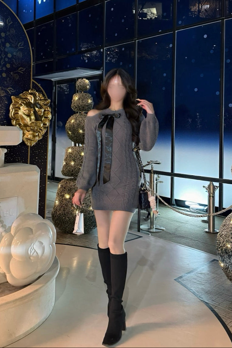 リボンオフショルニットワンピ KR13801