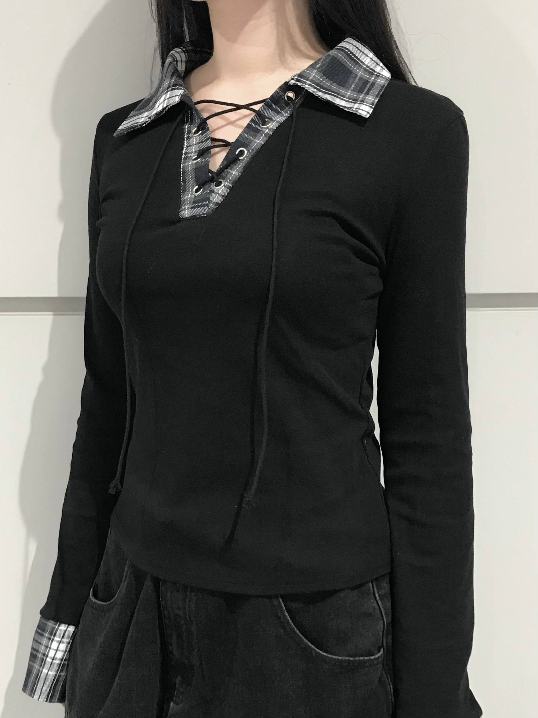 チェックレースアップトップス KR13434