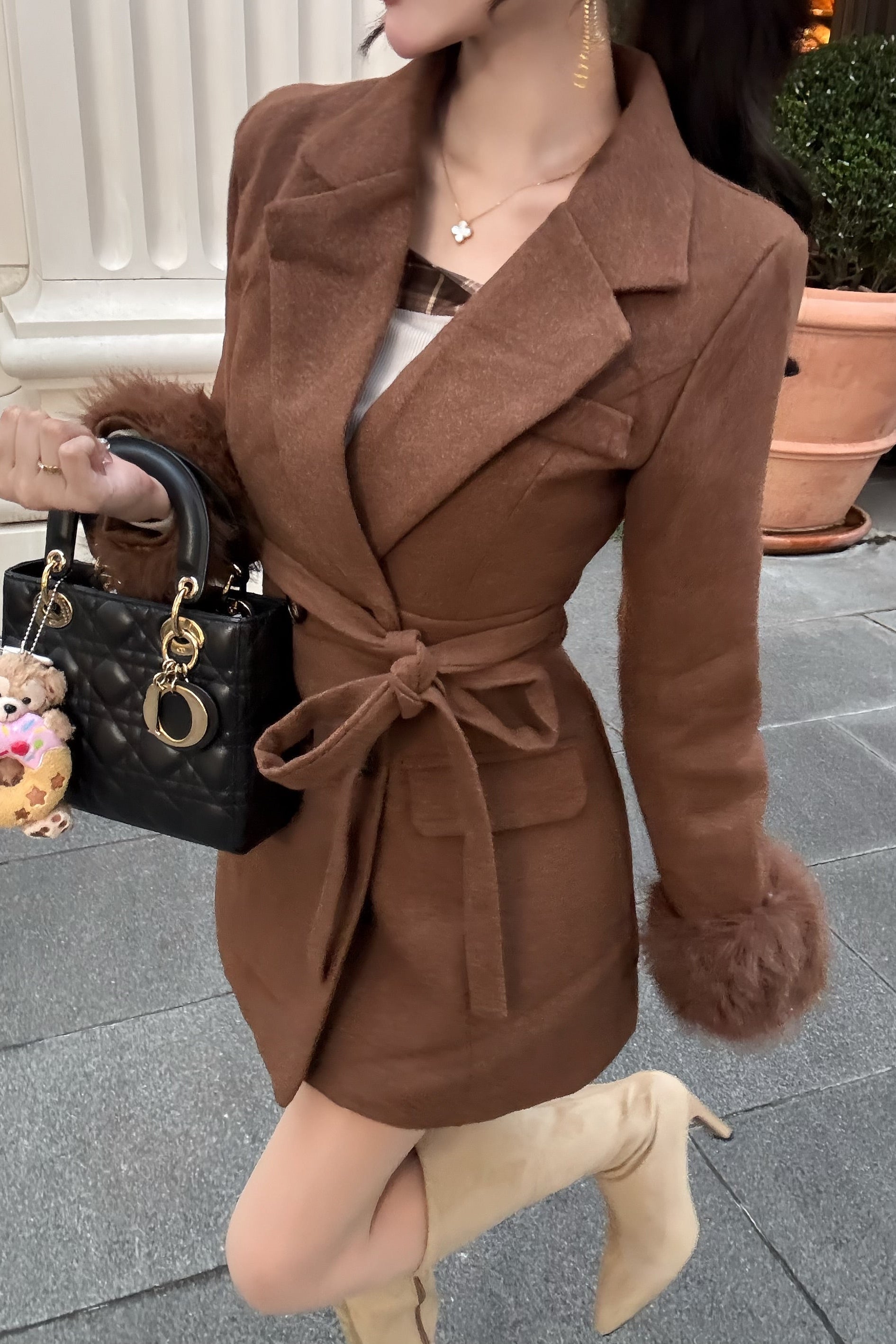 ファーカフリボンウールコート KR30084