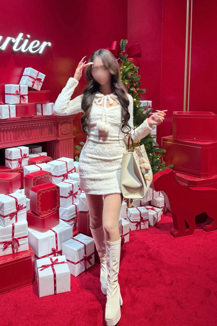 フロントリボンフェザーニットワンピース KR13927