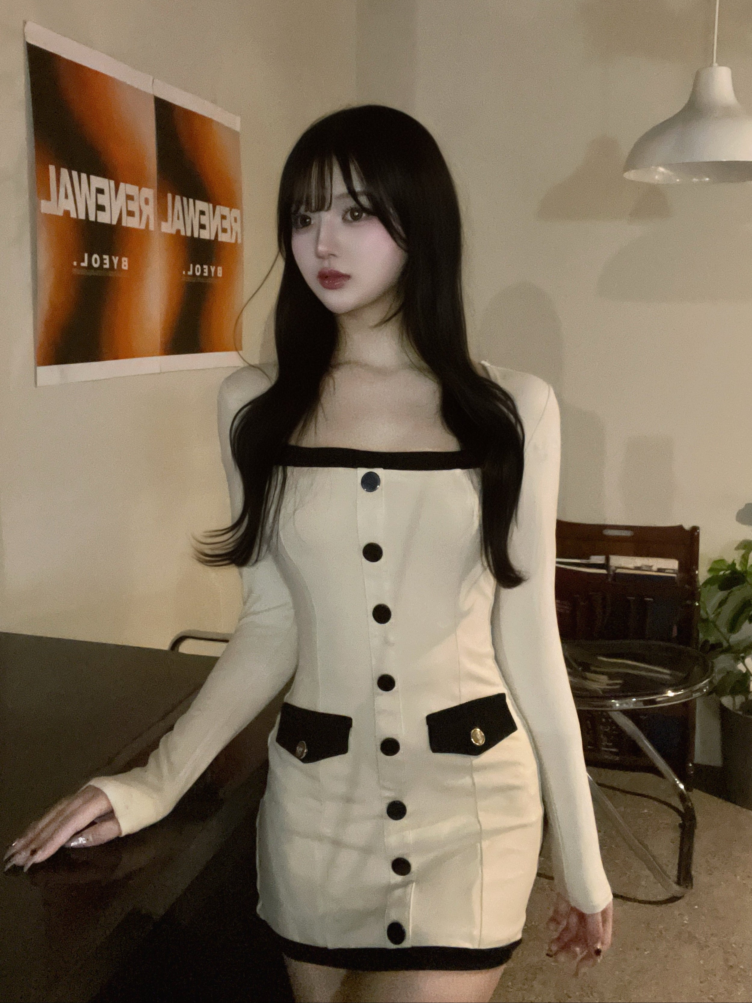 バイカラースクエアネックワンピース KR11199