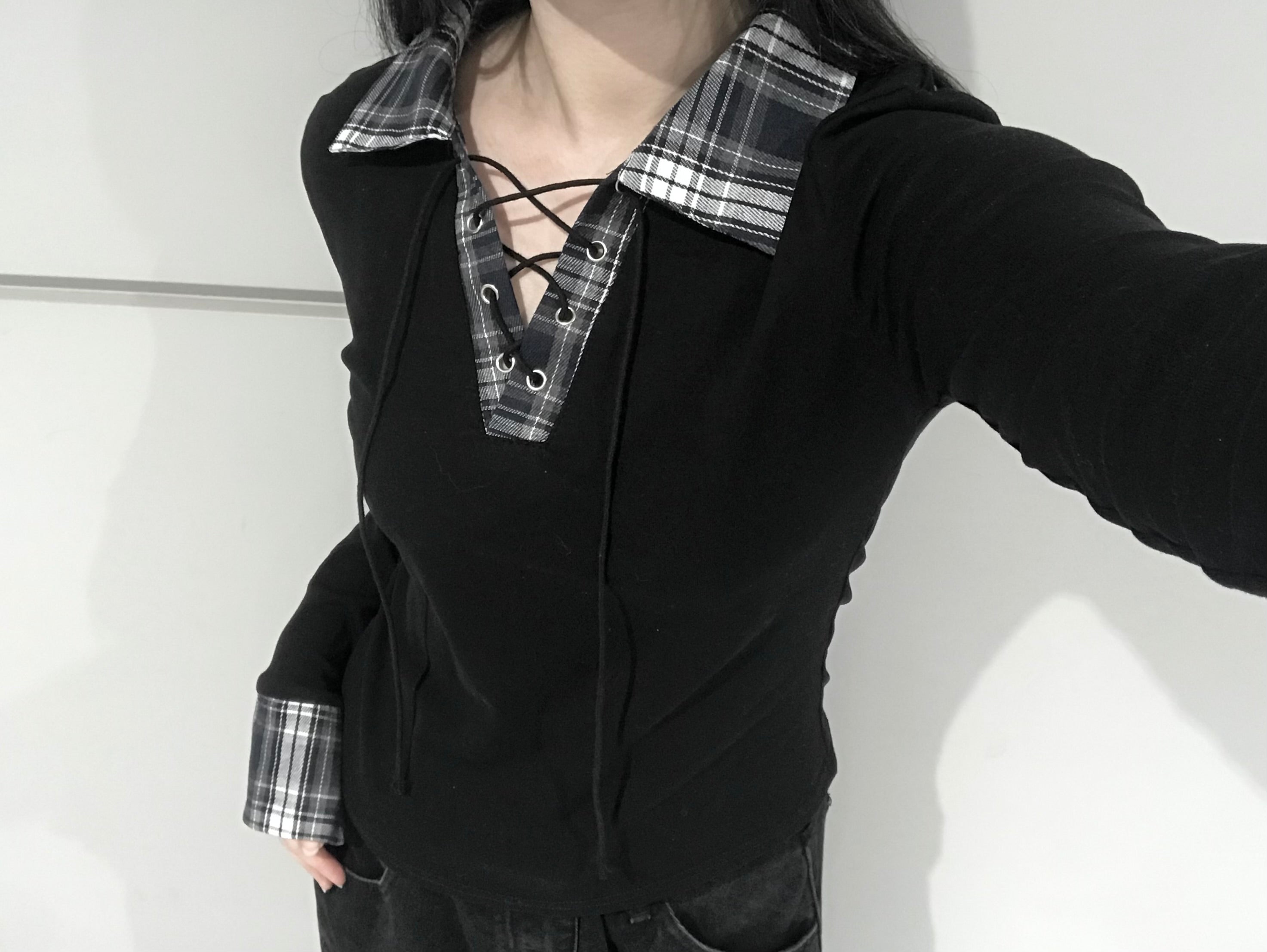 チェックレースアップトップス KR13434