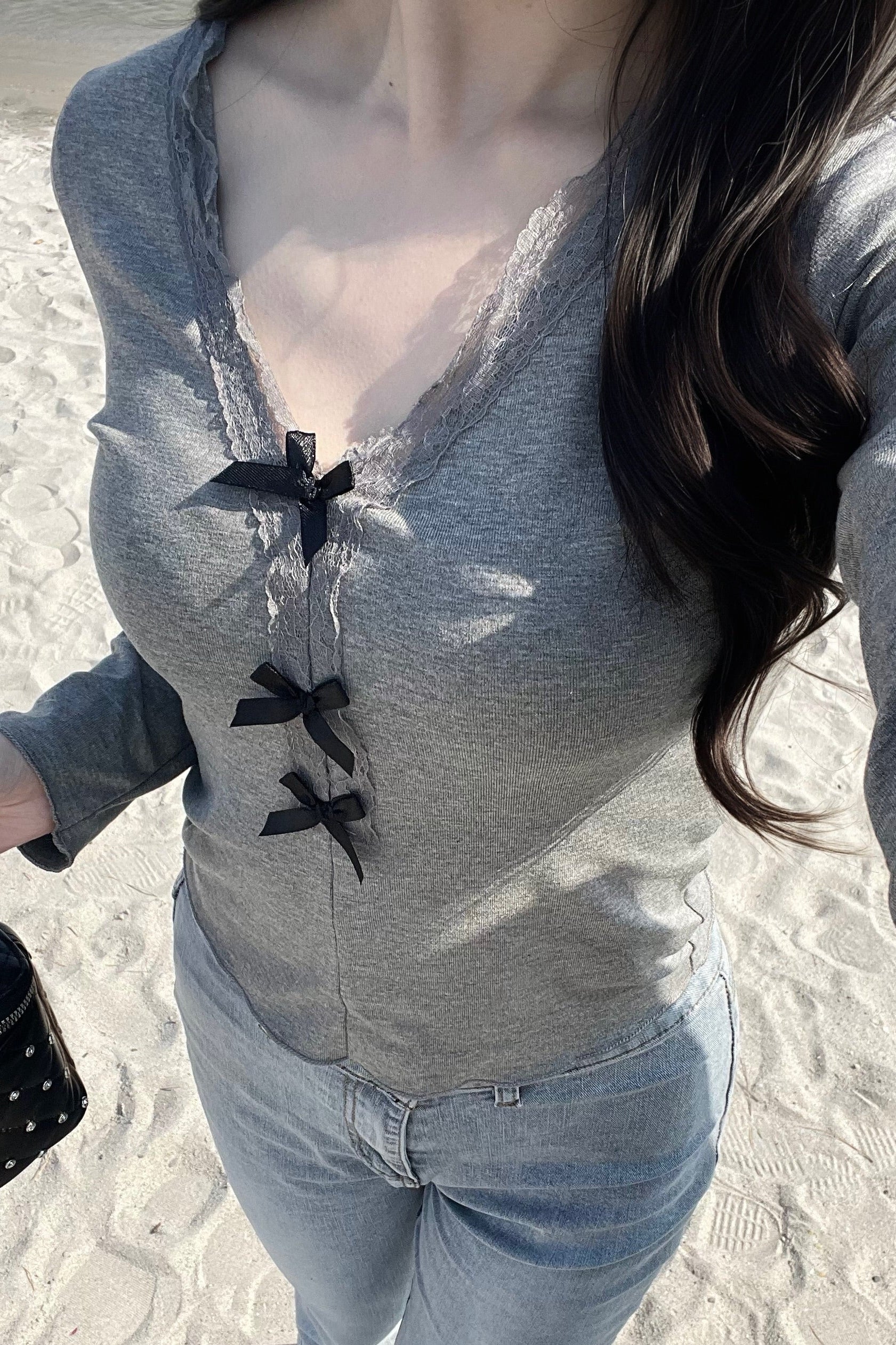 フロントリボンレースVネックカットソー KR14445