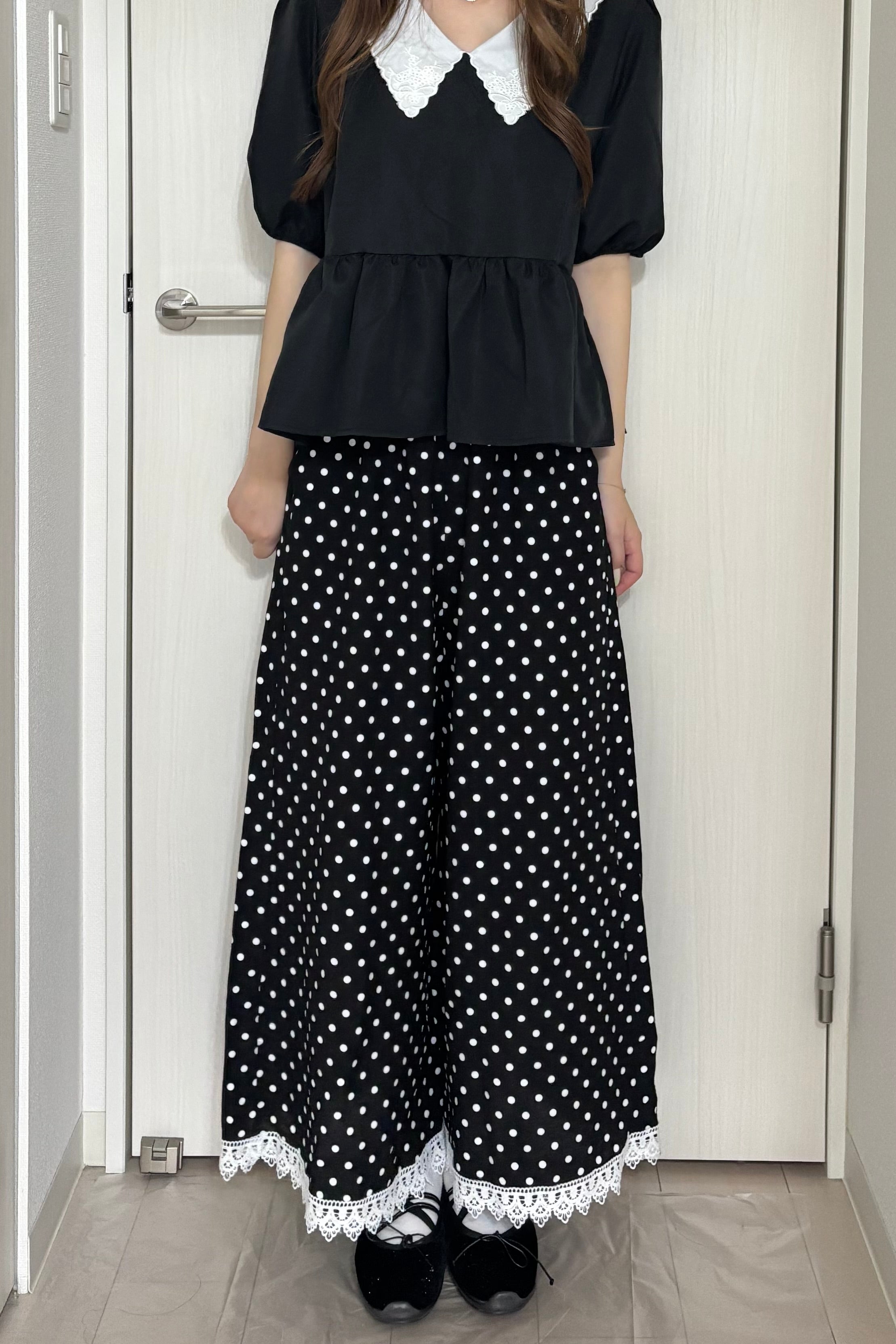 ドットレースヘムワイドロングパンツ KR15654