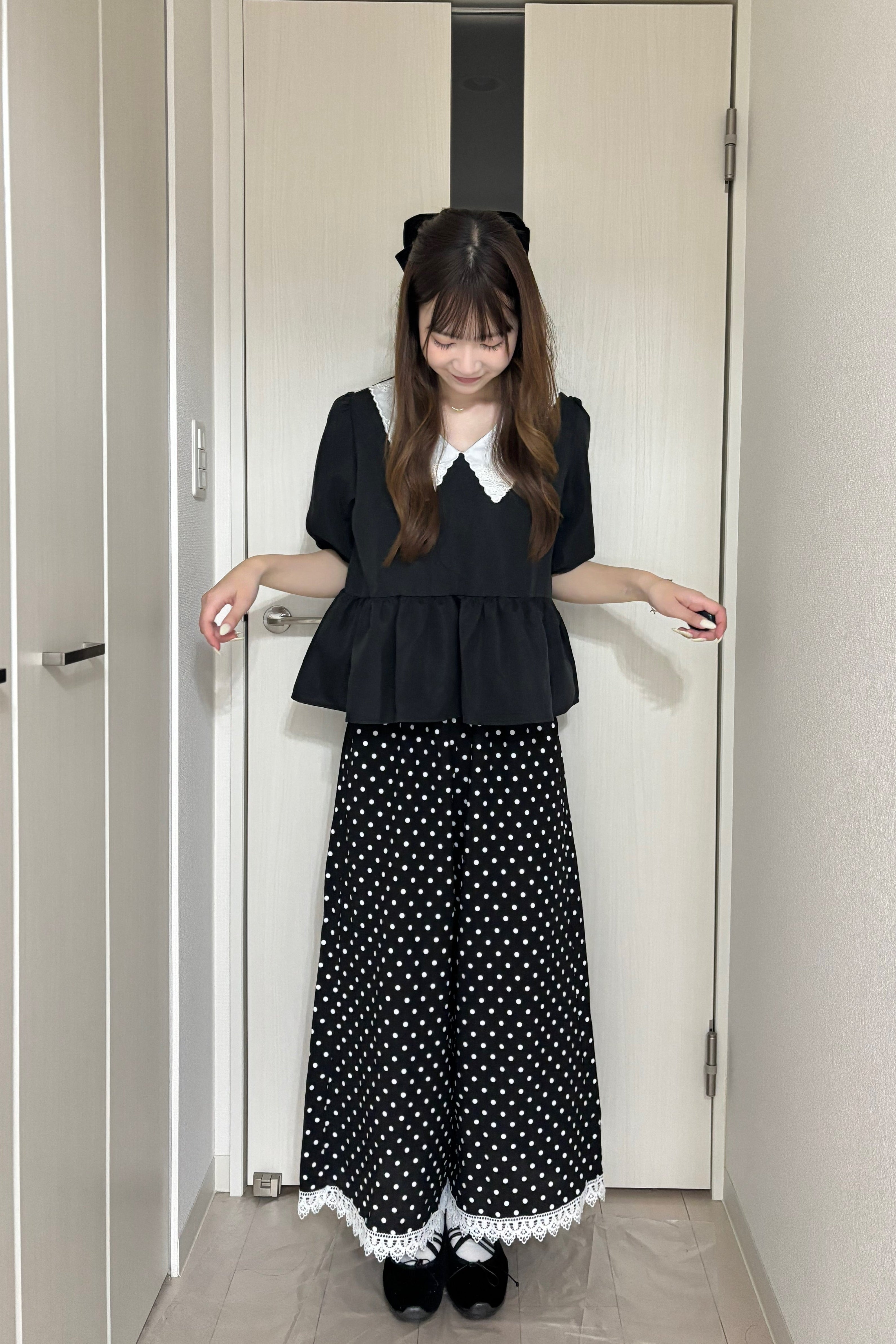 ドットレースヘムワイドロングパンツ KR15654