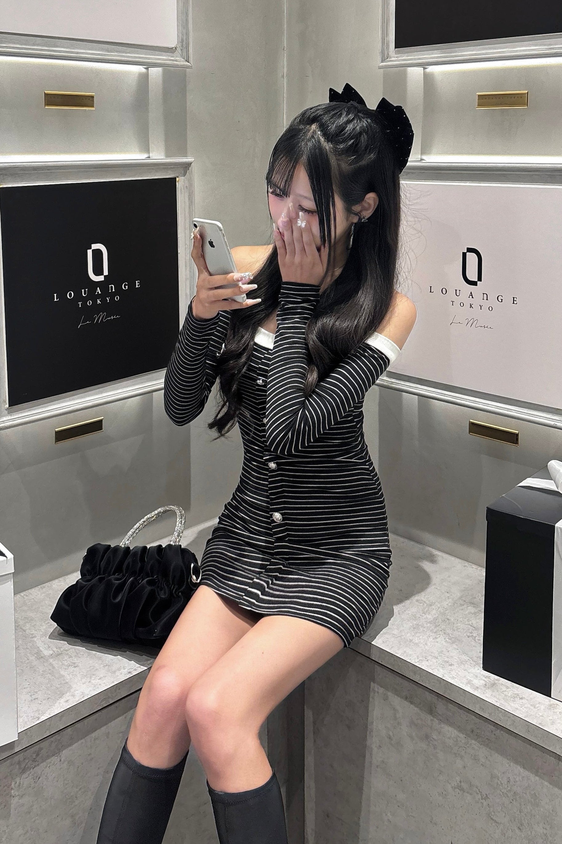 ボーダーオフショルタイトワンピース KR13402