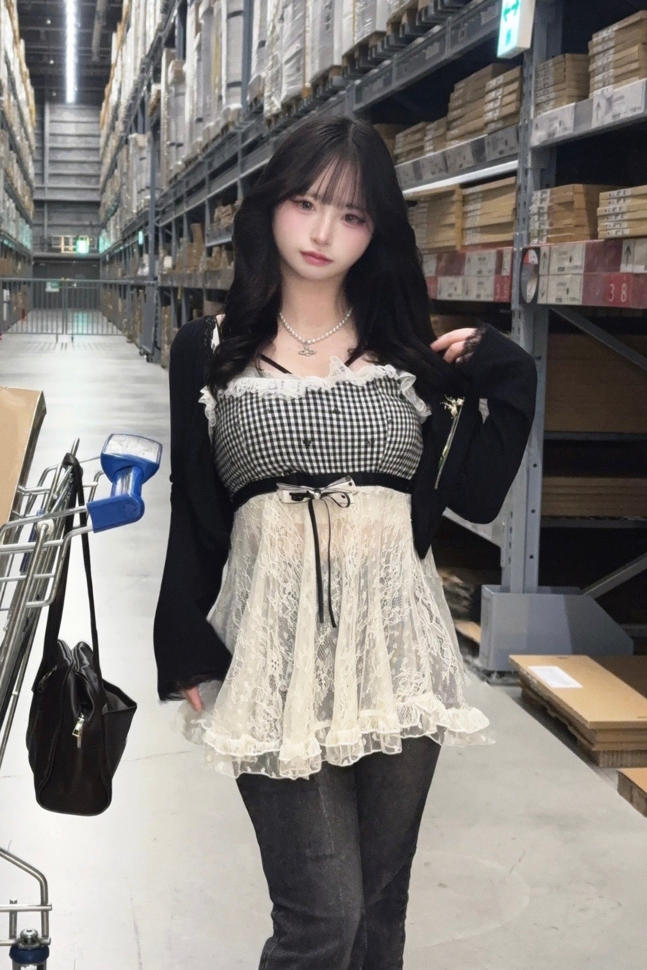 mimiさん専用☆ロングカーディガン グレー&amp;総レースキャミ ブラック レースキャミソールxカーディガンアンサンブル[dk1553] | レディース