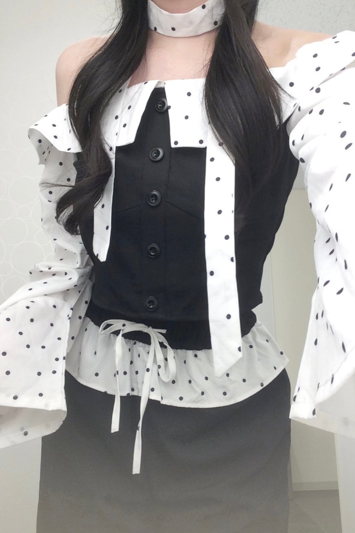 【NAOさま】シェリエ＊ステッチフリルトップス＊ブラック＊ドット ドットフリルクラシックセットアップ KR30245