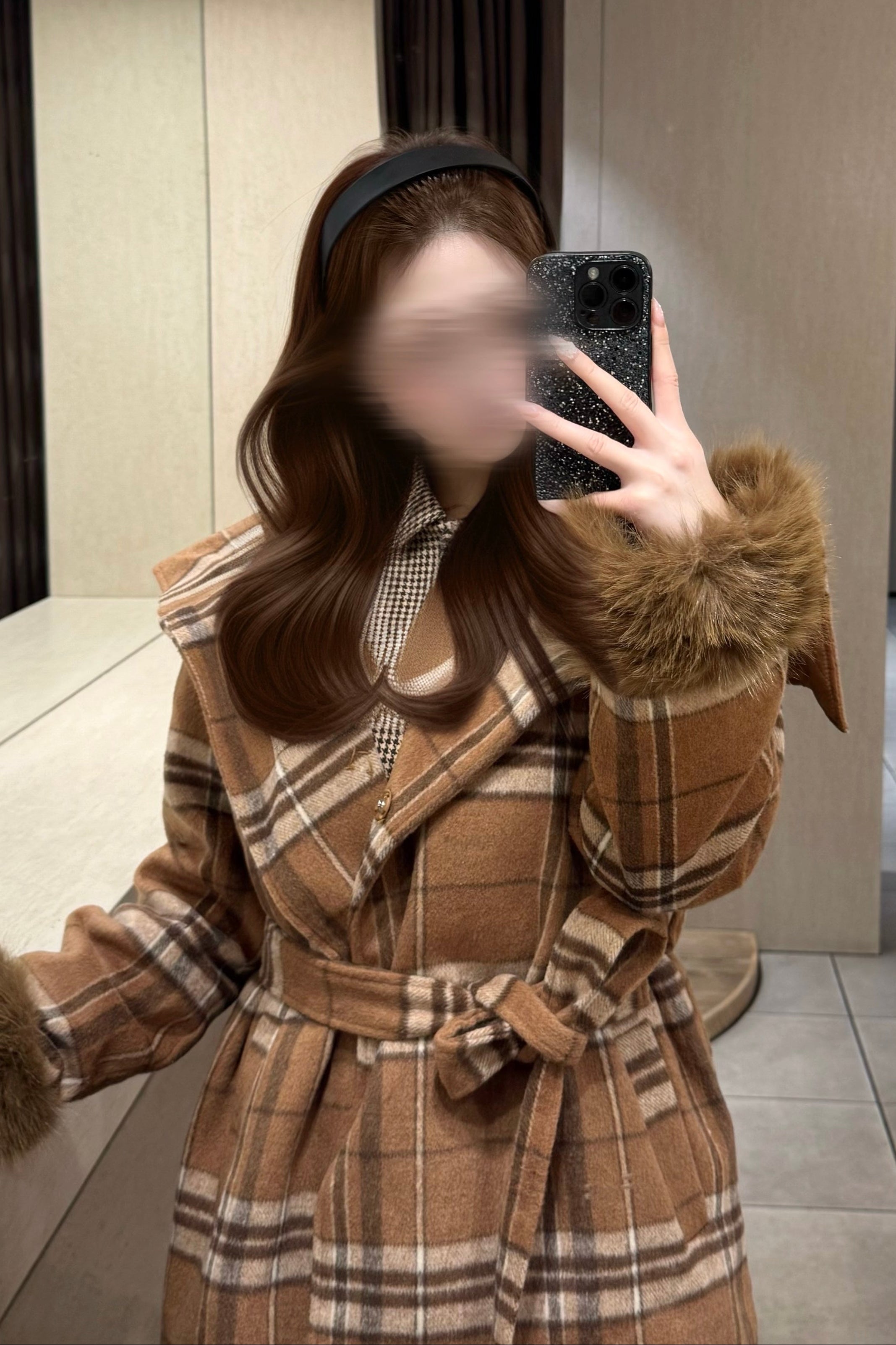 スリーブファーチェックコート KR30108