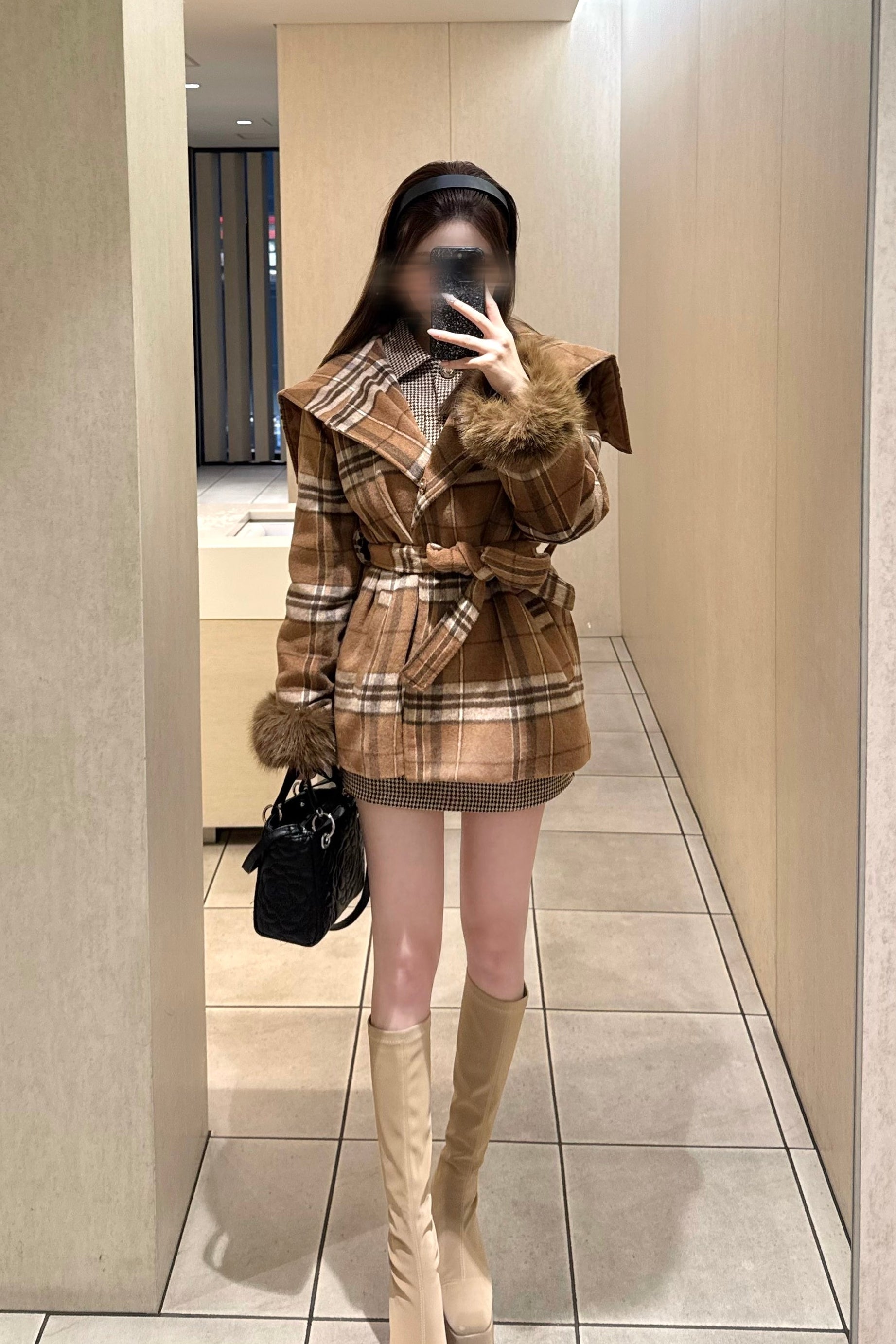 スリーブファーチェックコート KR30108