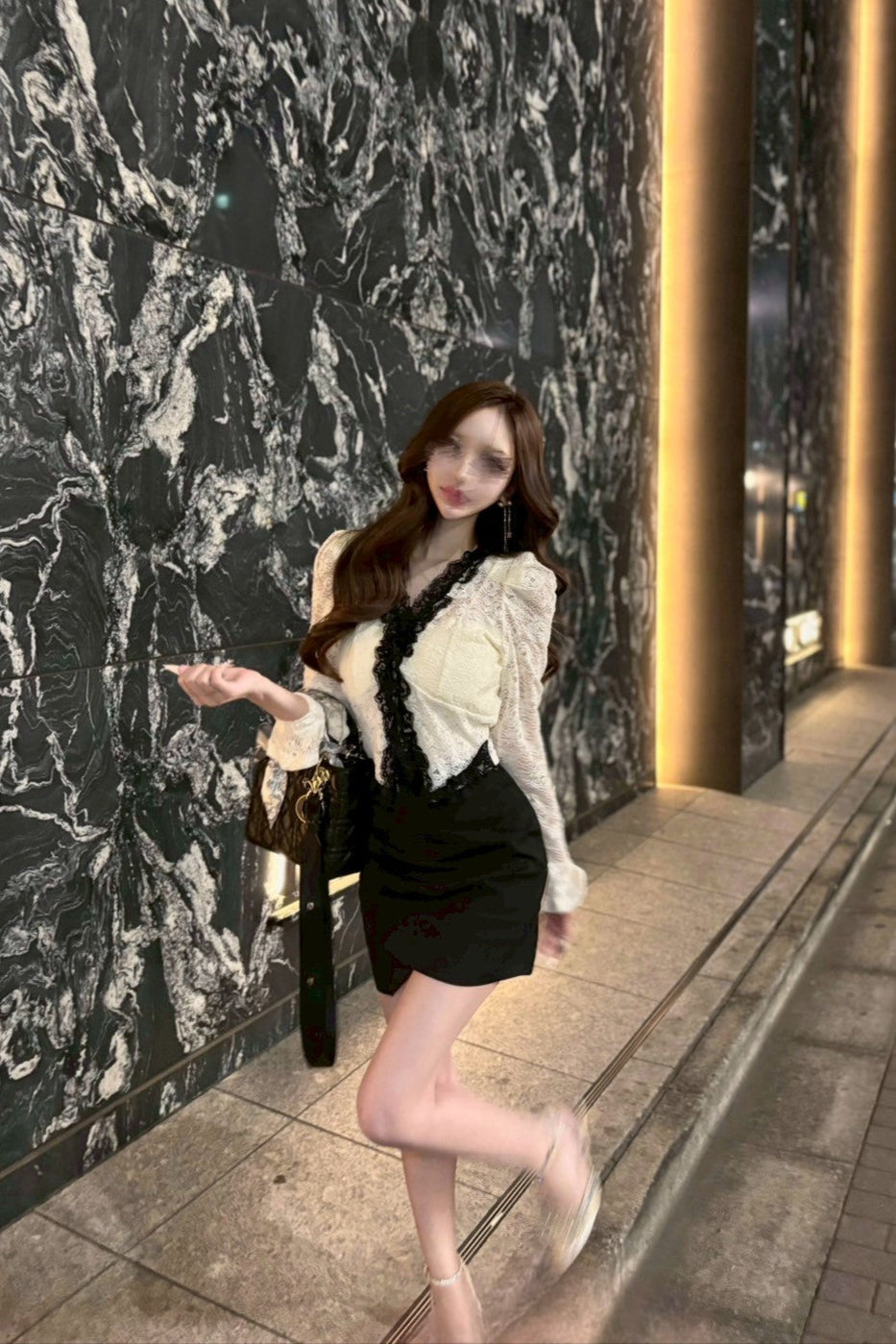 lace contrast frill tops KR10094