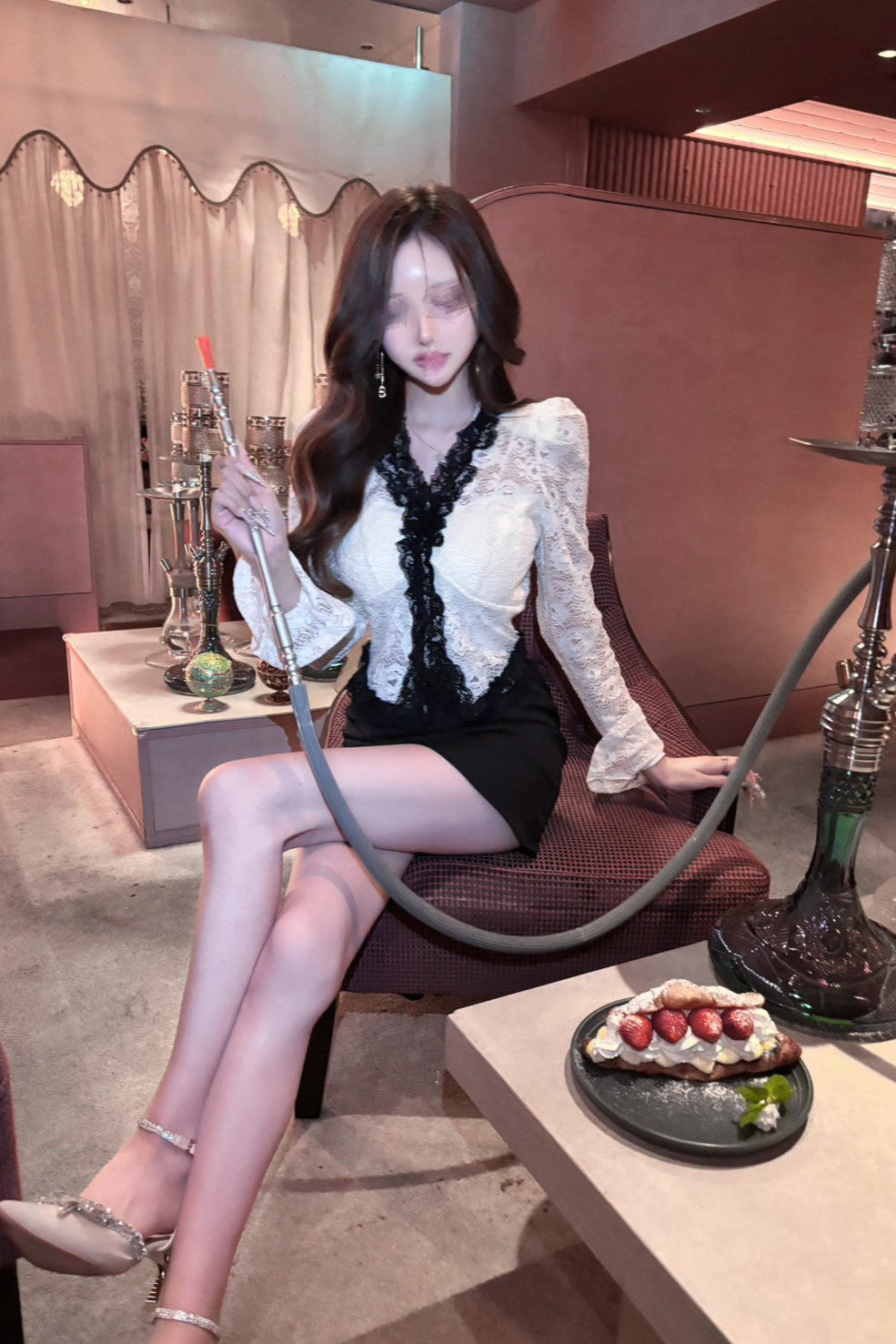 lace contrast frill tops KR10094