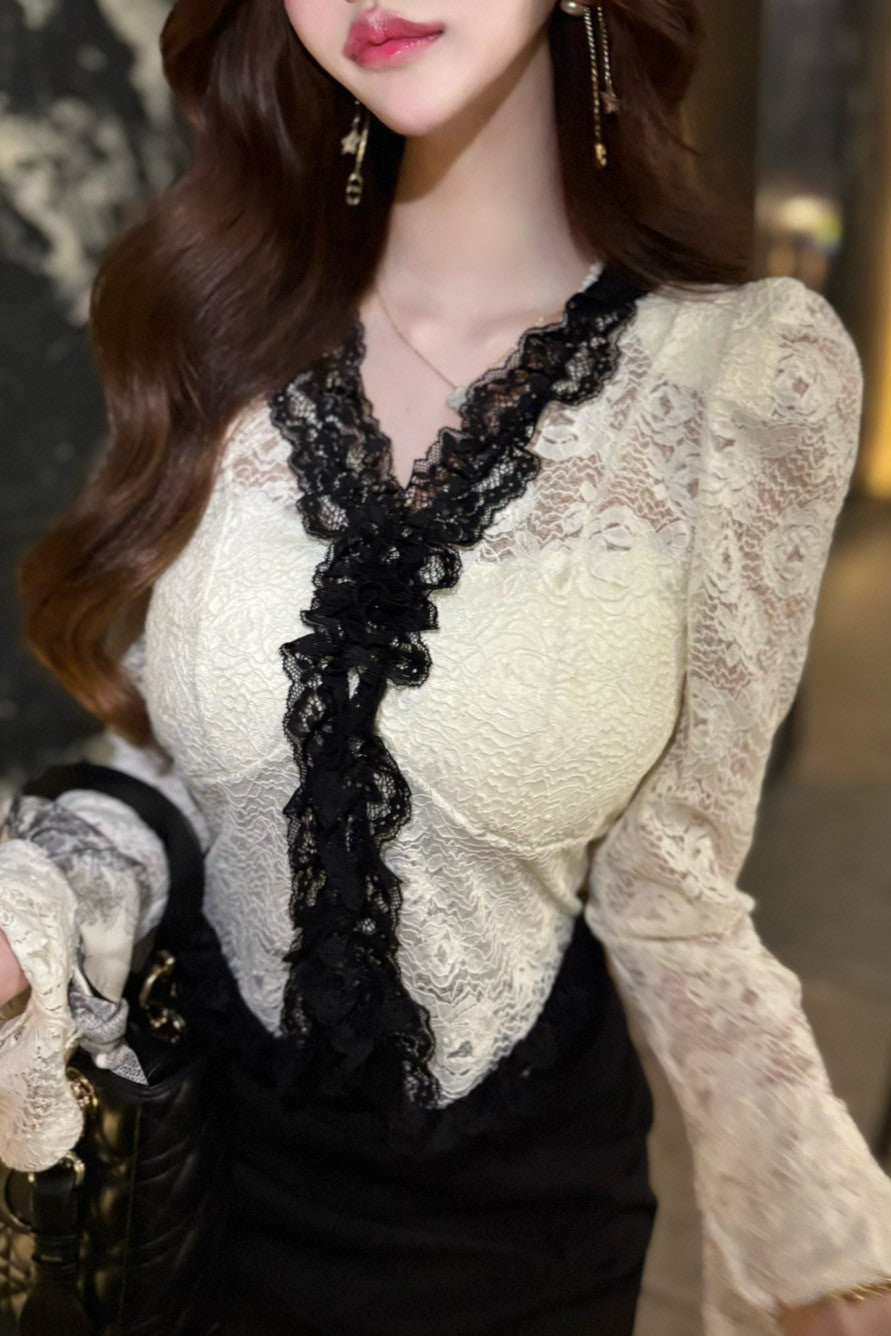 lace contrast frill tops KR10094