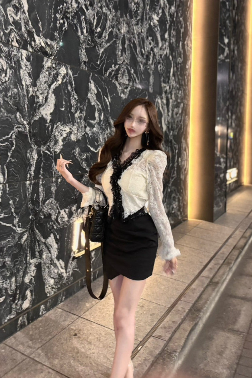 lace contrast frill tops KR10094