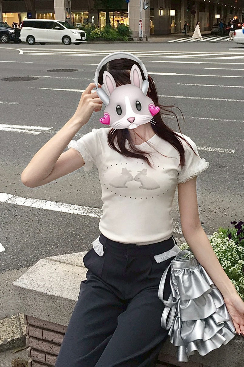 レースラビットプリントTシャツ KR10457
