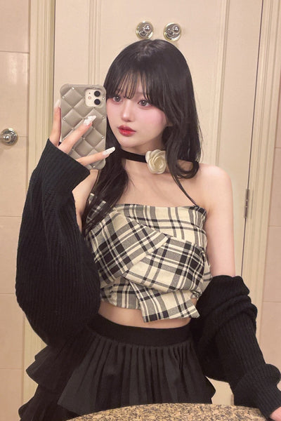 未使用タグ付‼️ リボンディテールトップス　black ブラックチェックリボントップス KR10370