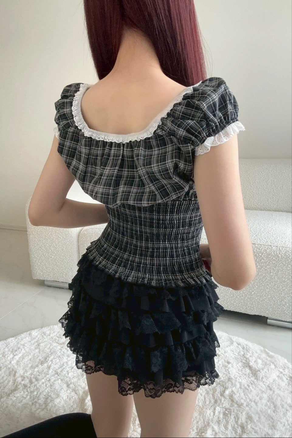 チェックリボンパフスリーブトップス KR10348