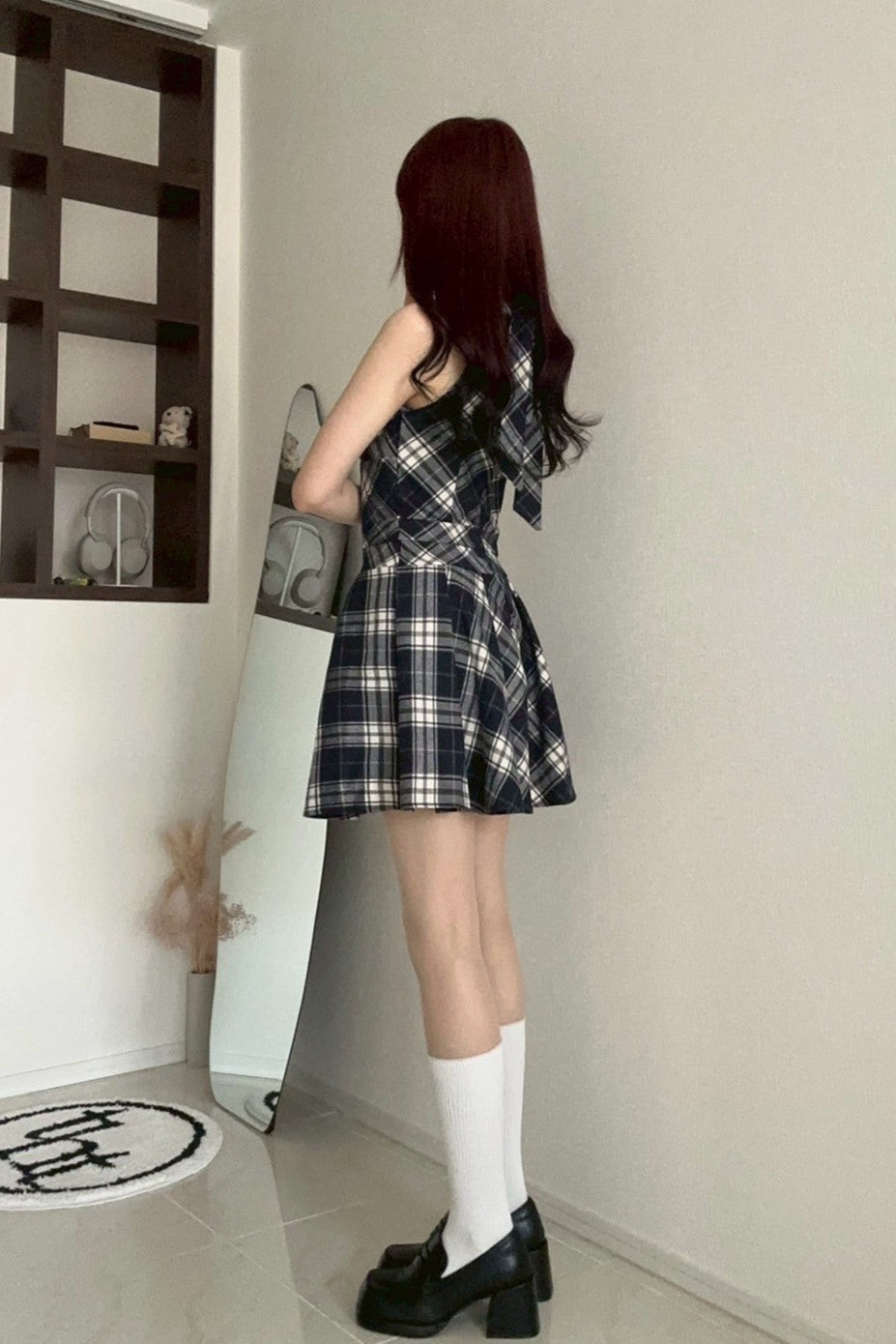フレンチVネックチェックワンピース KR10347