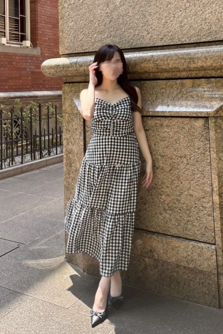ブラックロングチェックワンピース KR10855