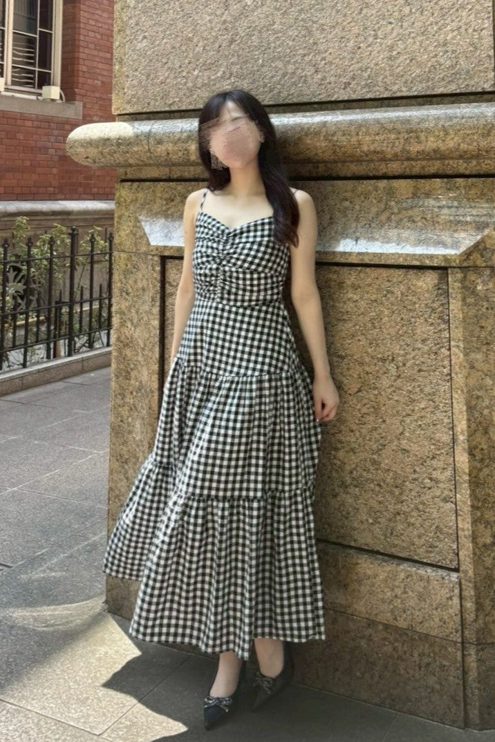 ブラックロングチェックワンピース KR10855