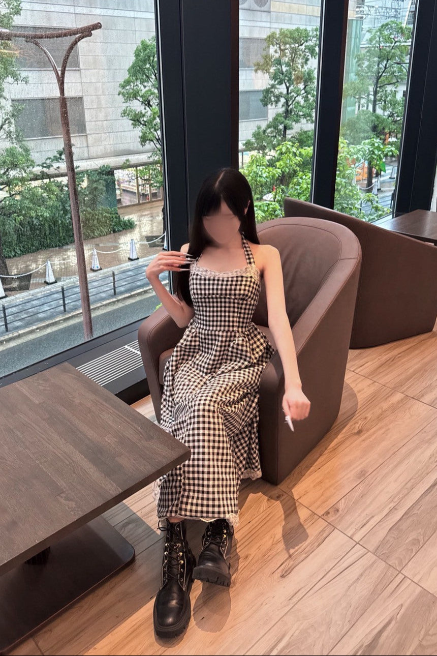 ロングチェックレースワンピース KR10548