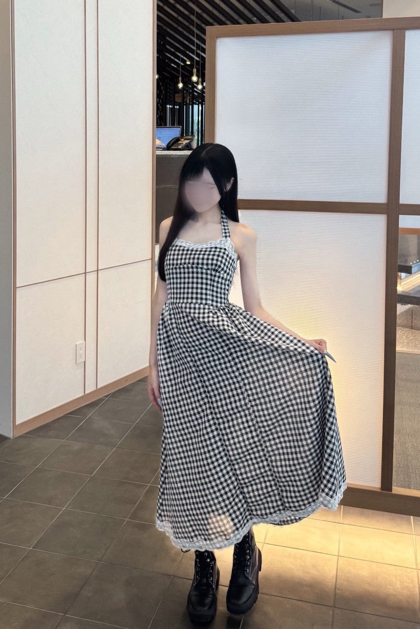 ロングチェックレースワンピース KR10548