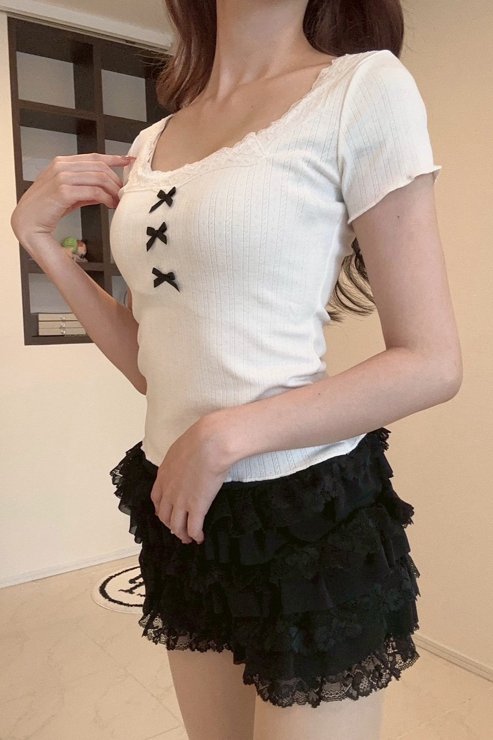 スクエアネックリボンレースTシャツ KR11081