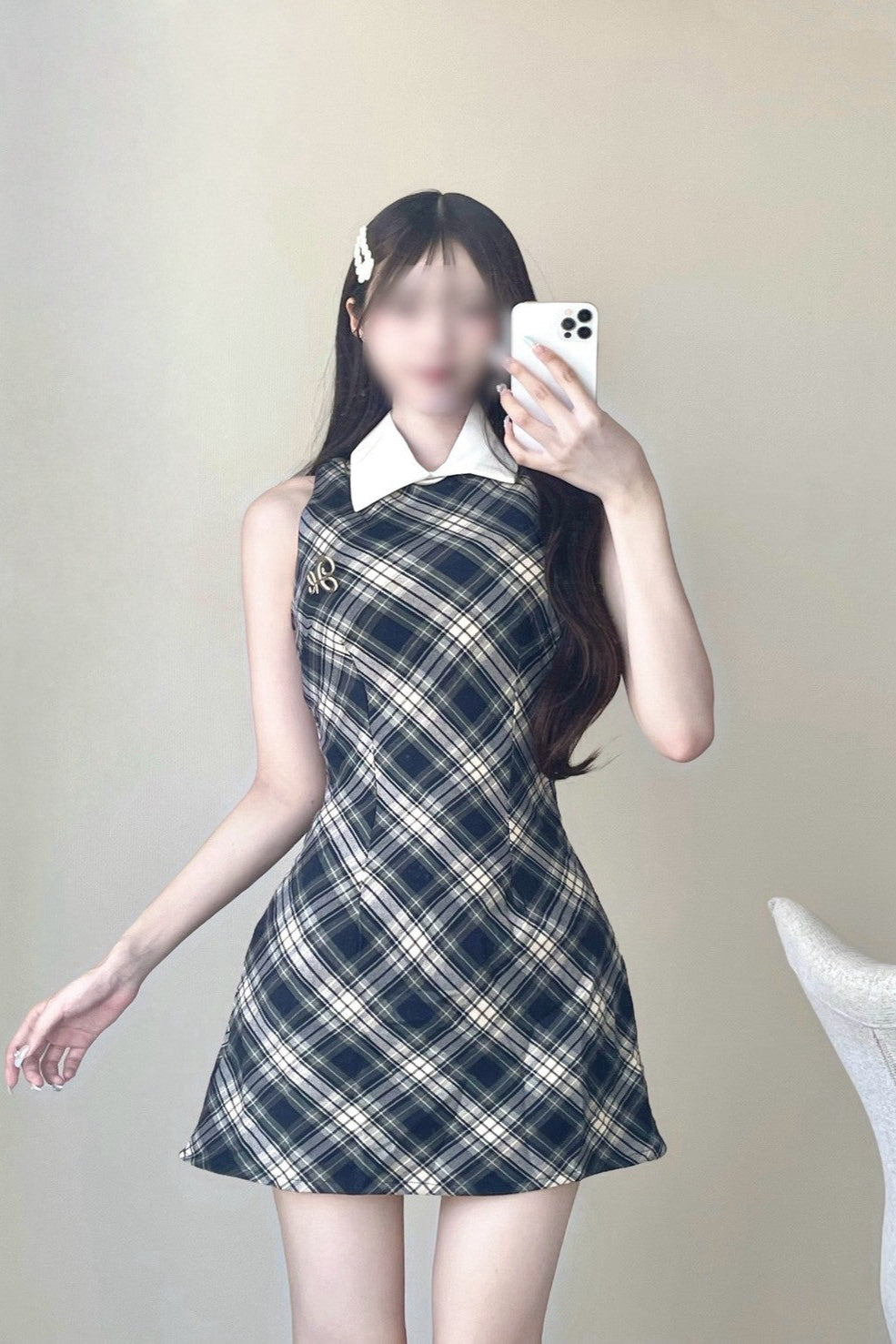 ブルーチェックタイトワンポイントワンピース KR11391
