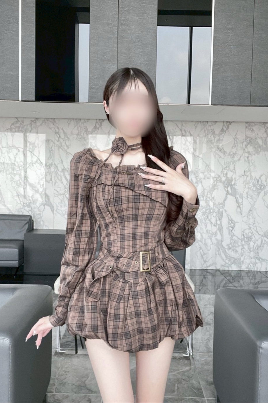 ベルトチェックオフショルワンピース KR12616