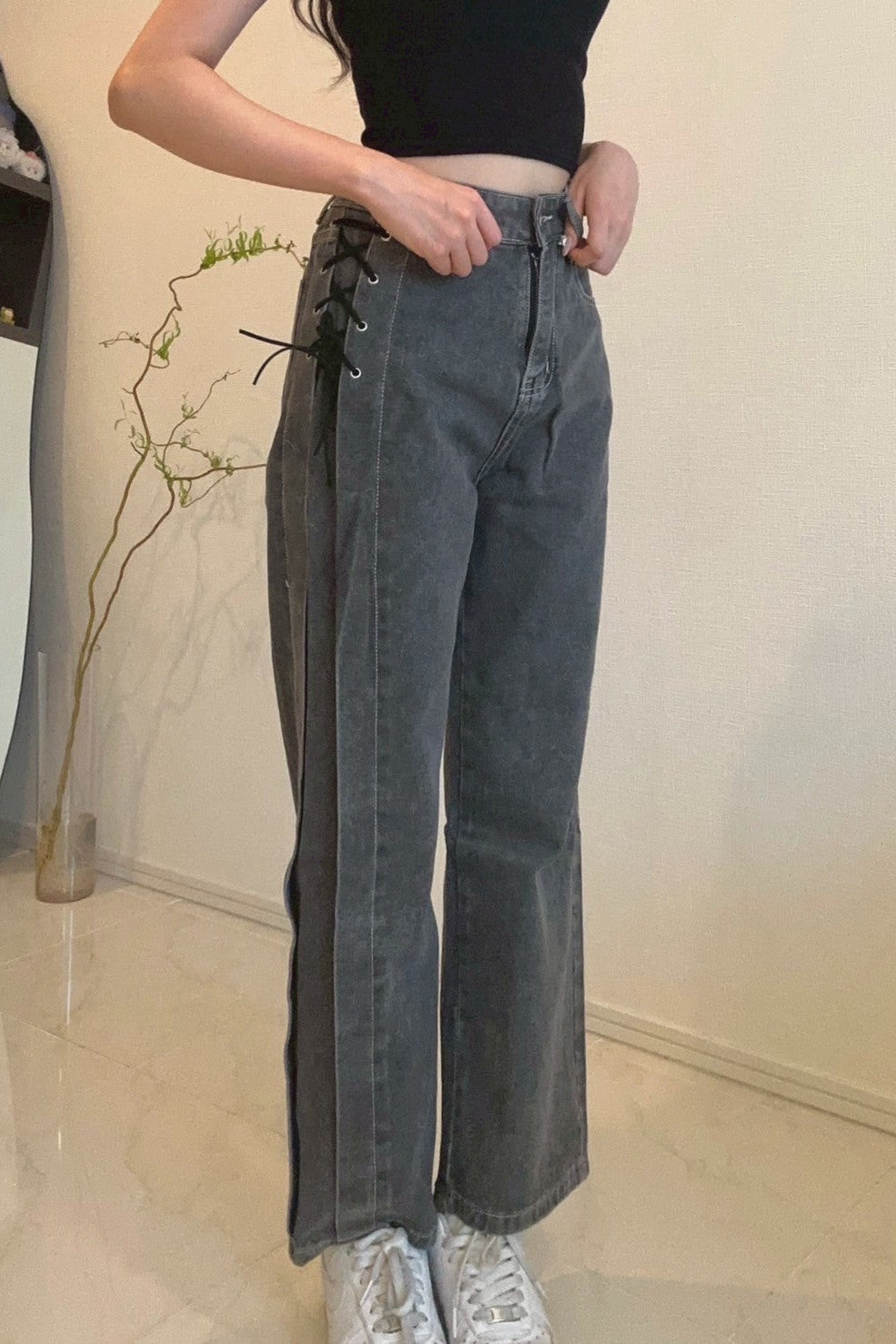 サイドレースアップワイドデニムパンツ KR13033