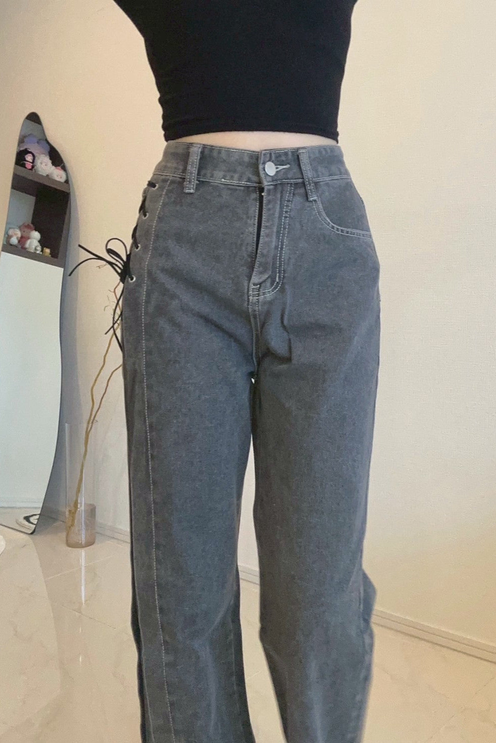 サイドレースアップワイドデニムパンツ KR13033