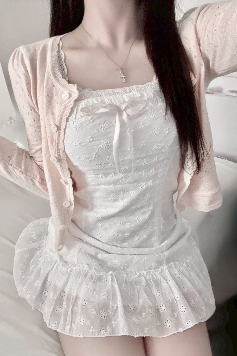 フロントリボンレースシフォンワンピ KR12548