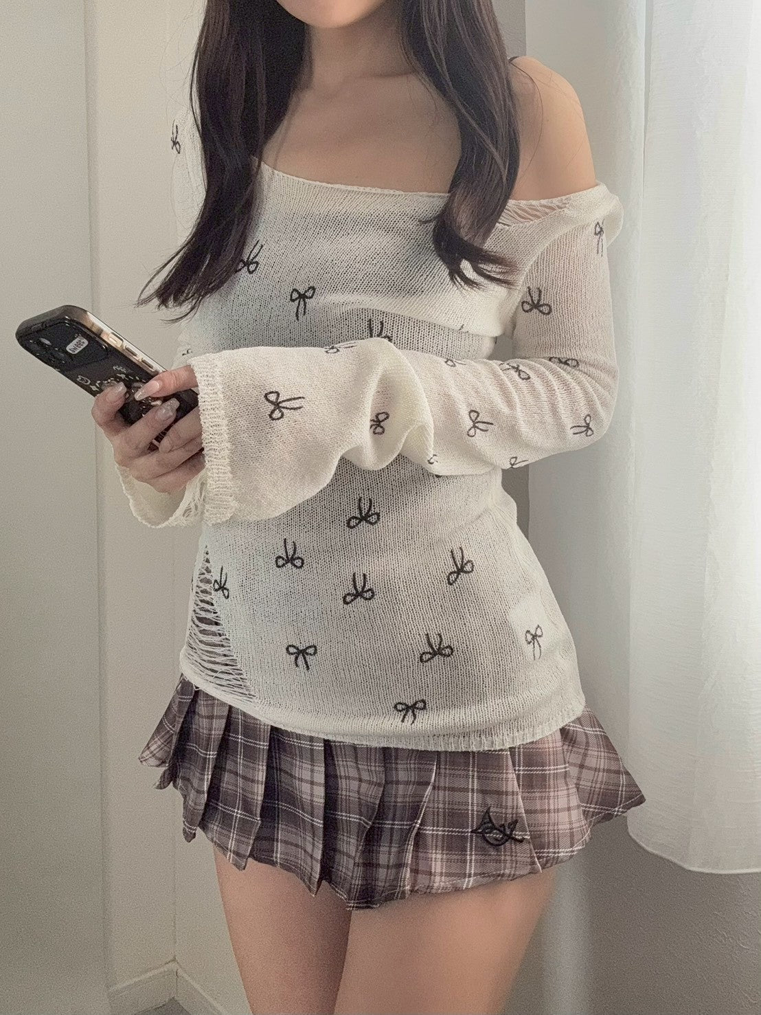 オフショルリボンシアーデザインニット KR13270
